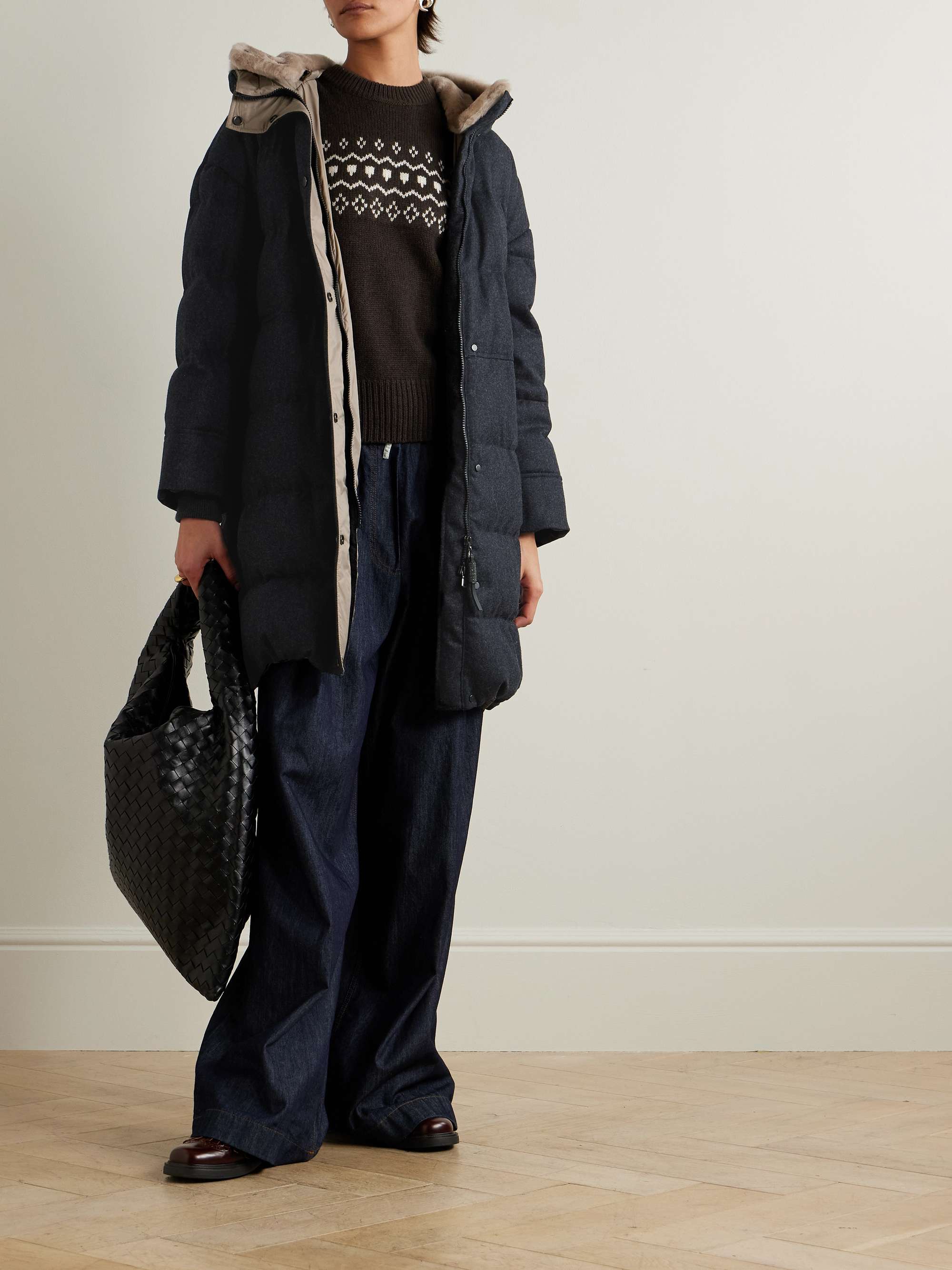 Hooded faux fur-trimmed quilted wool down coat view