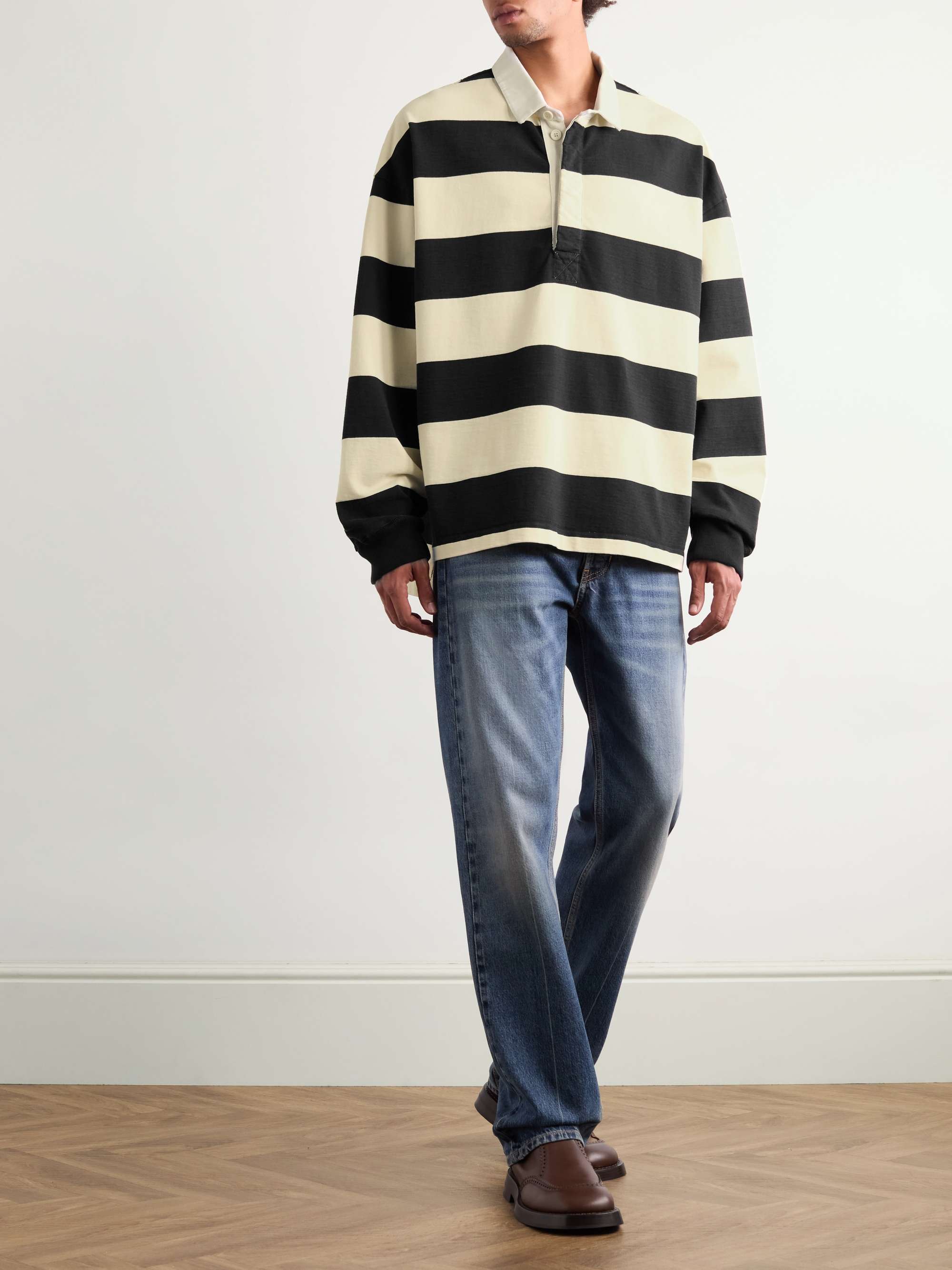 Oversized Logo-Embroidered Striped Cotton-Jersey Polo Shirt view