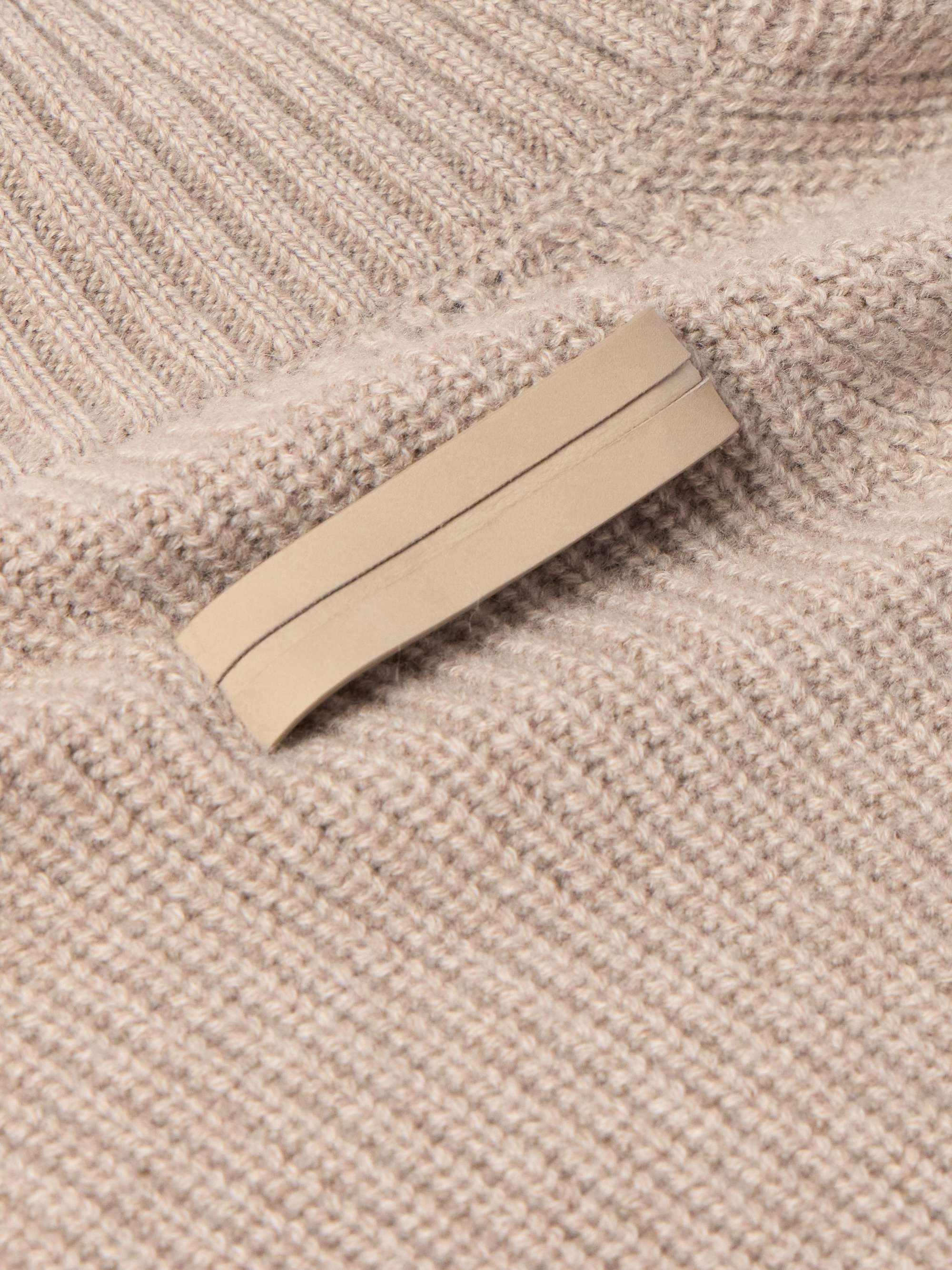 Logo-Appliquéd Leather-Trimmed Ribbed Cashmere Rollneck Sweater view