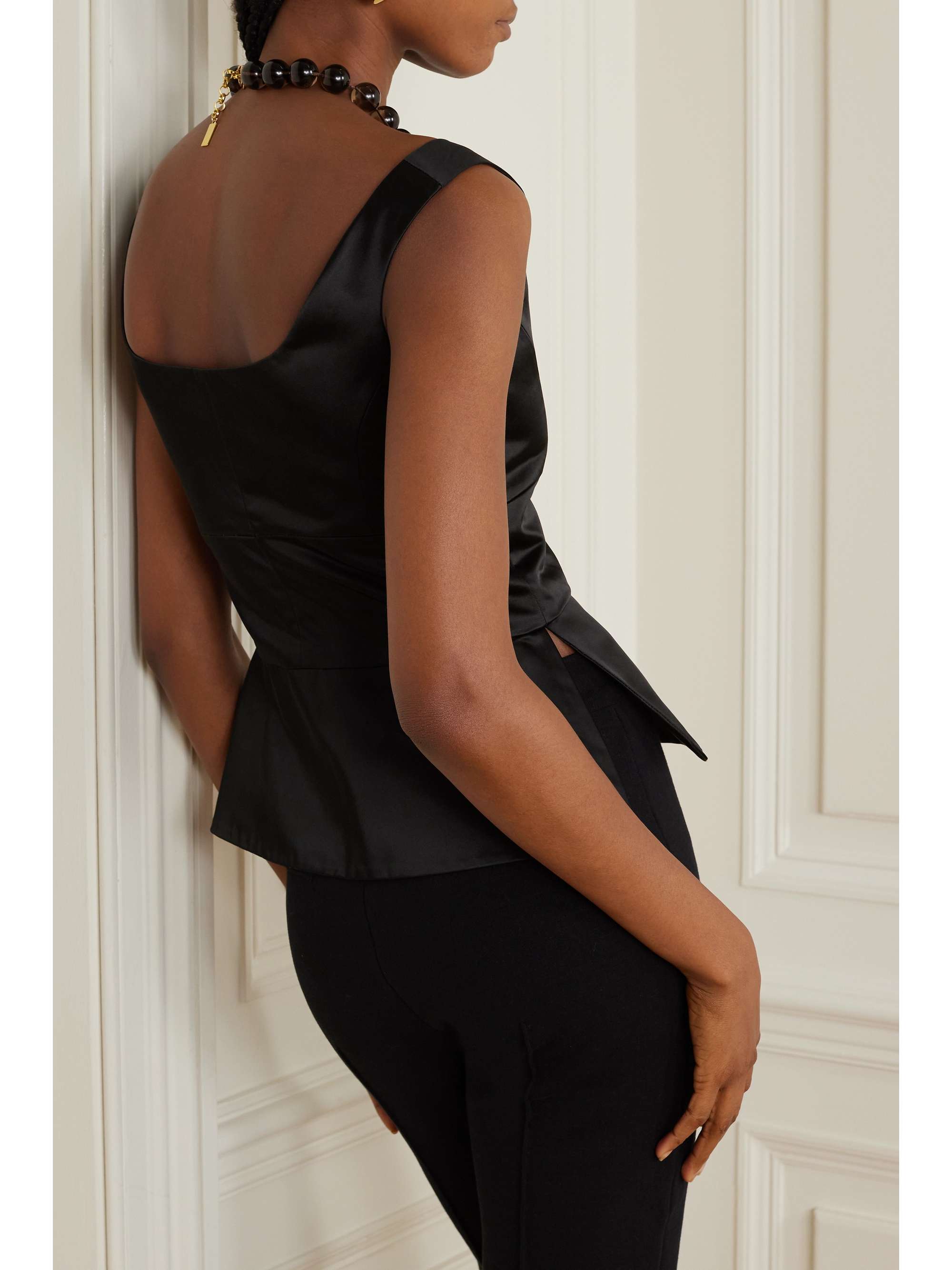 + NET SUSTAIN off-the-shoulder duchesse cotton-blend satin peplum top view