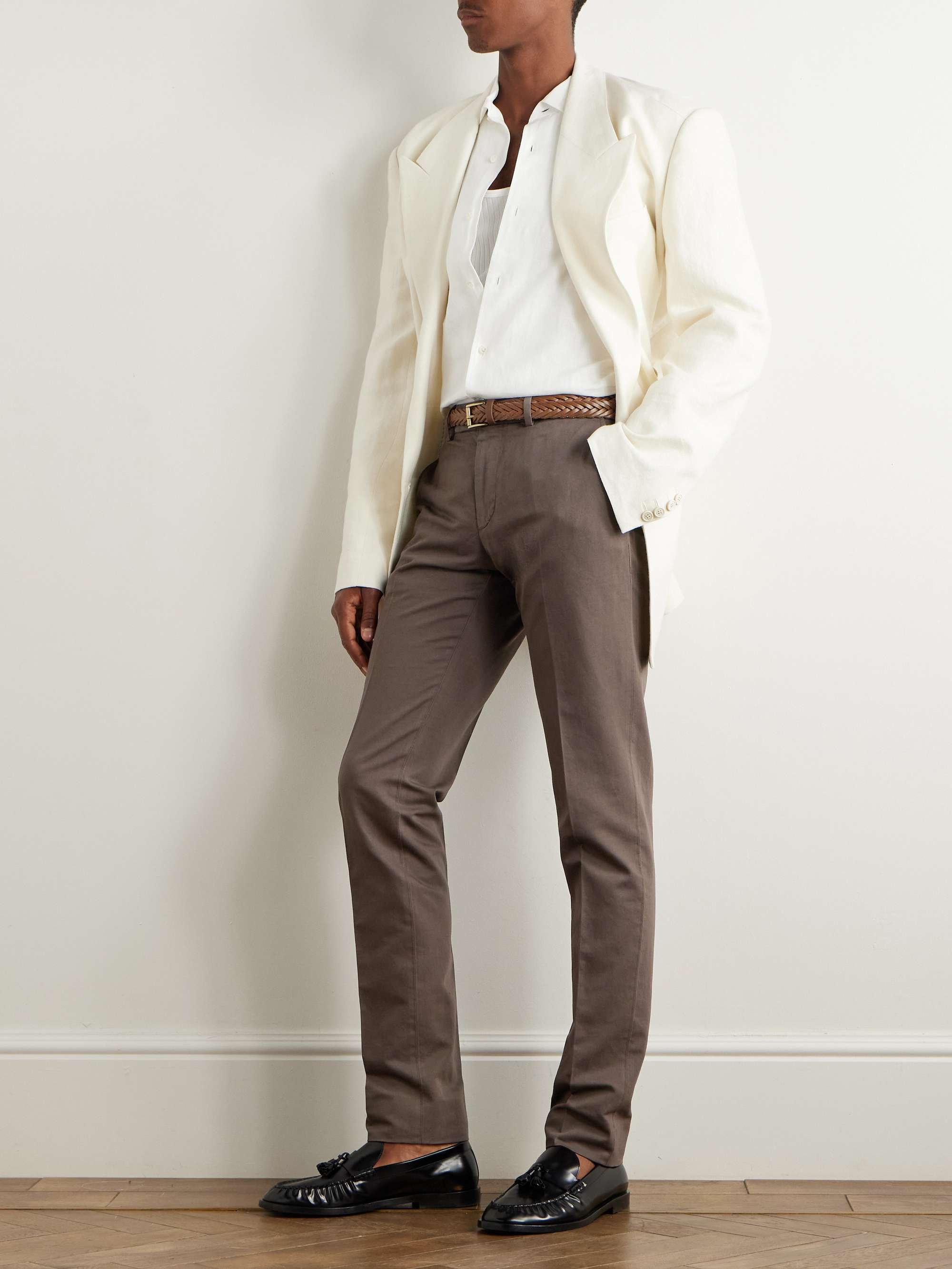 Slim-Fit Tapered Cotton and Linen-Blend Twill Trousers view