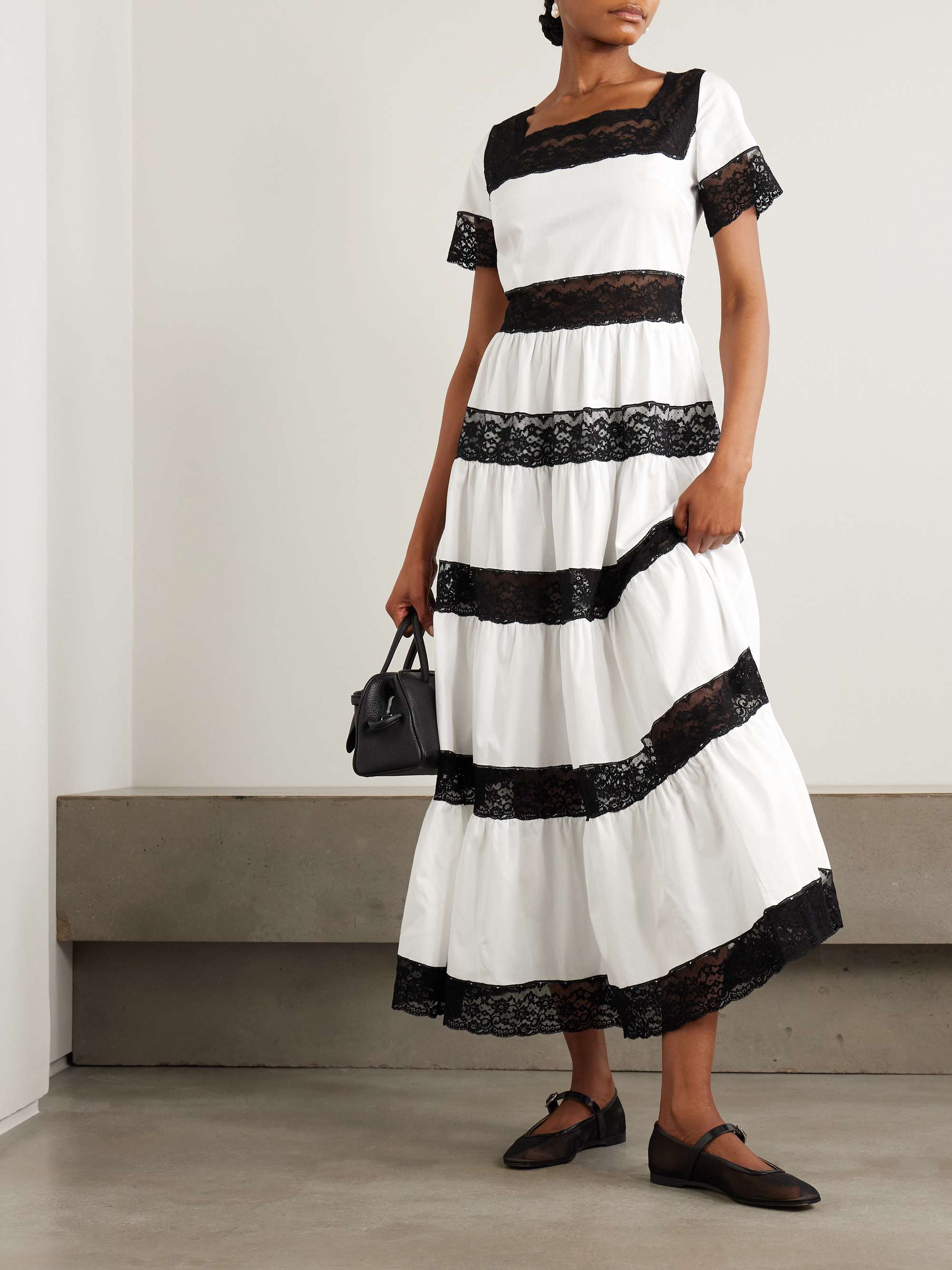 Tiered lace-trimmed cotton-poplin midi dress view