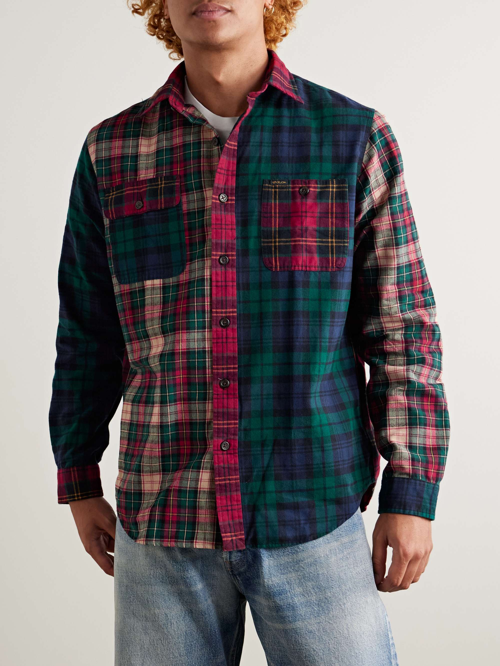 Patchwork Checked Brushed-Cotton Oxford Shirt view