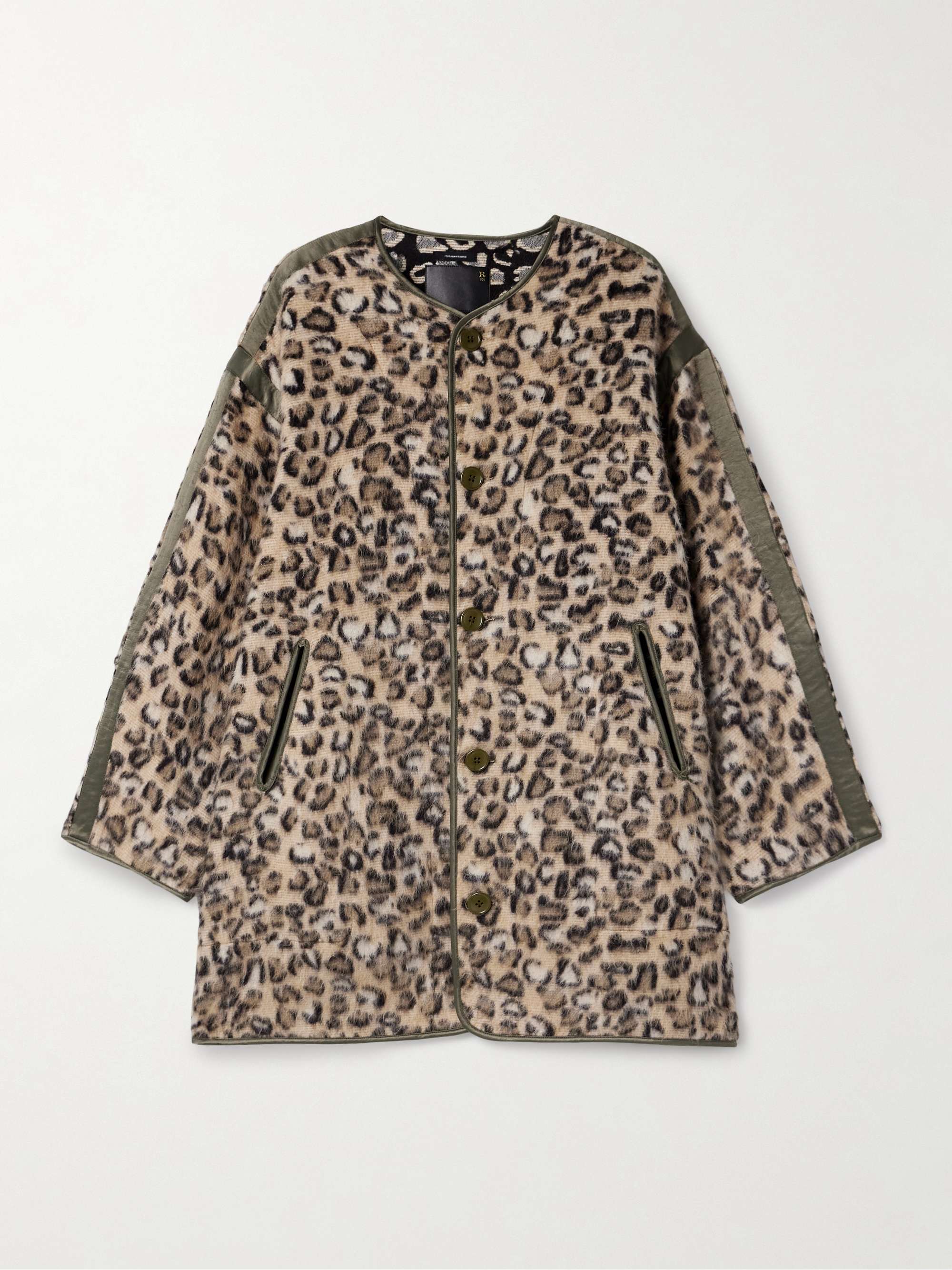Convertible faux leather-trimmed leopard-print brushed wool-blend coat hero visual