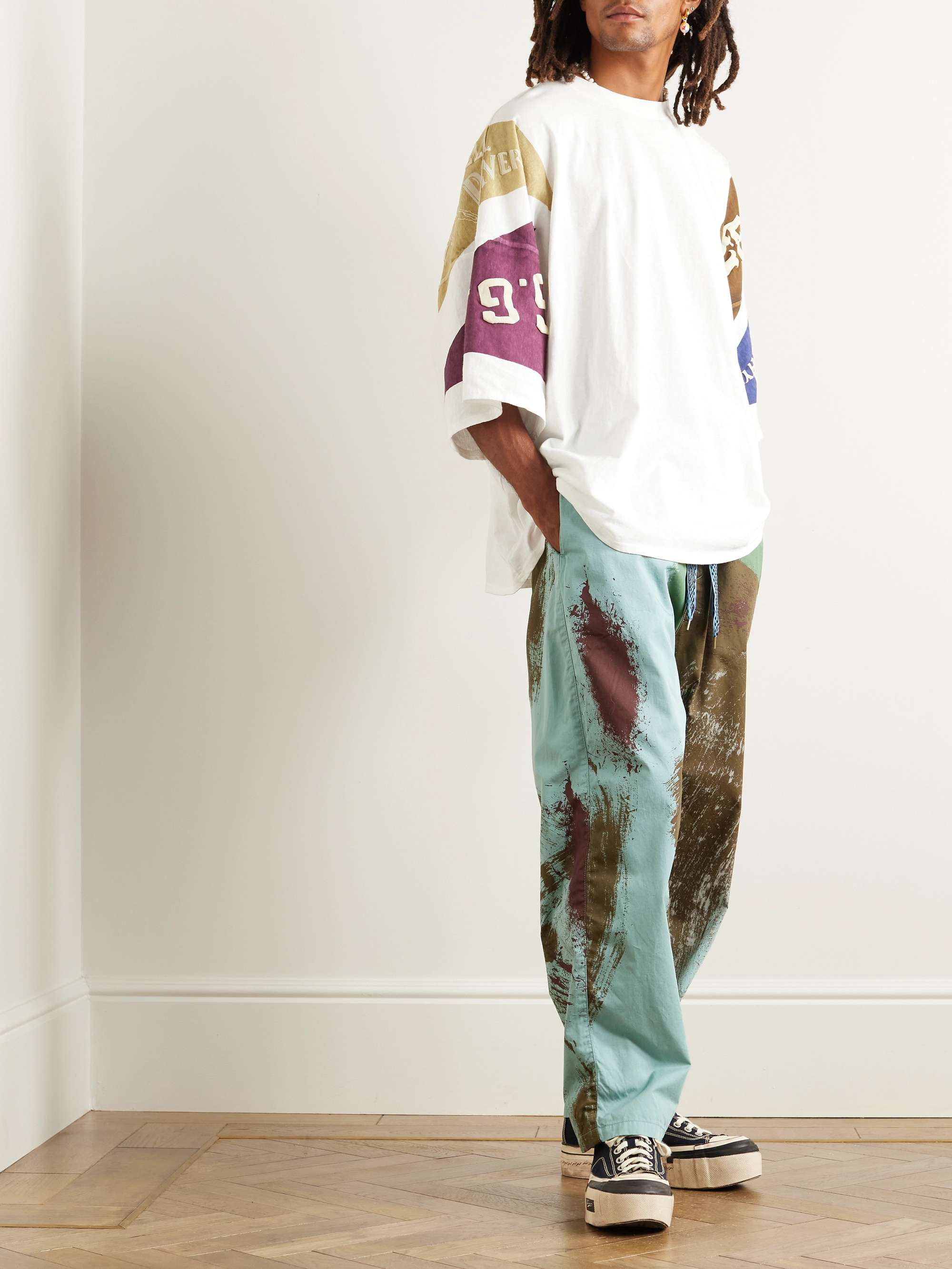 Easy Straight-Leg Printed Cotton-Poplin Drawstring Trousers view