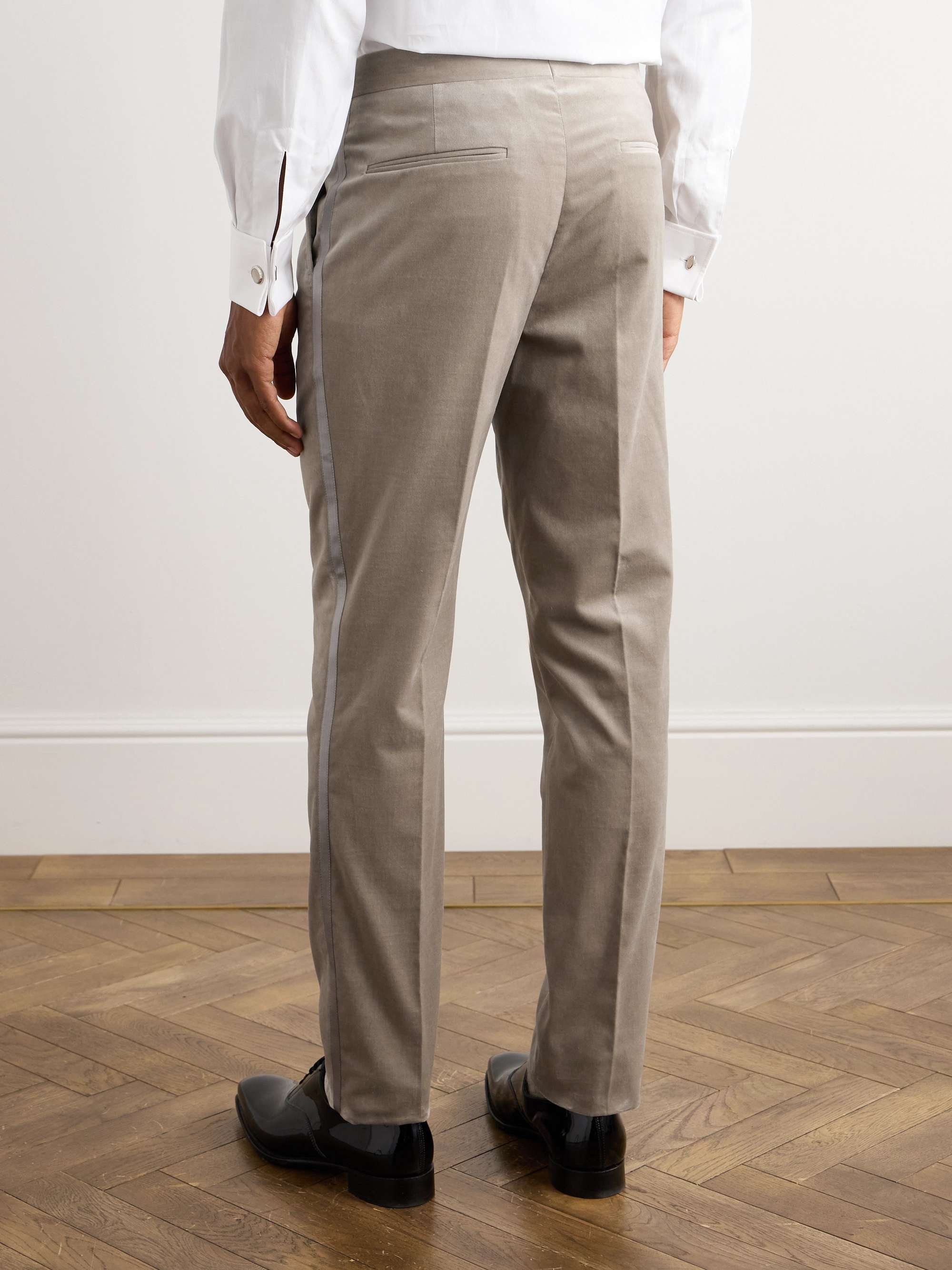 Straight-Leg Pleated Satin-Trimmed Cotton-Velvet Tuxedo Trousers view