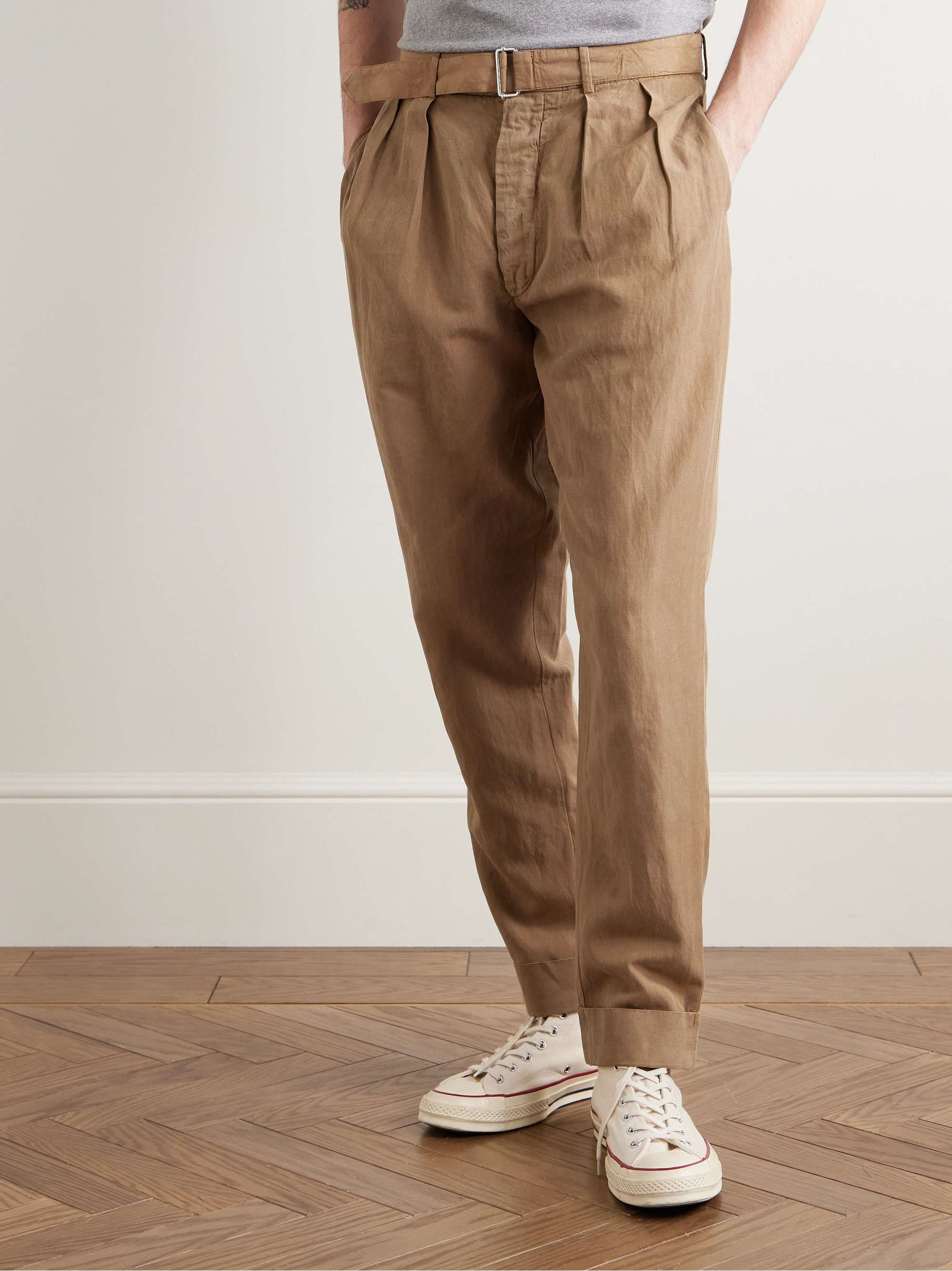 Pierre Tapered Pleated Belted Garment-Dyed Lyocell, Linen and Cotton-Blend Trousers view