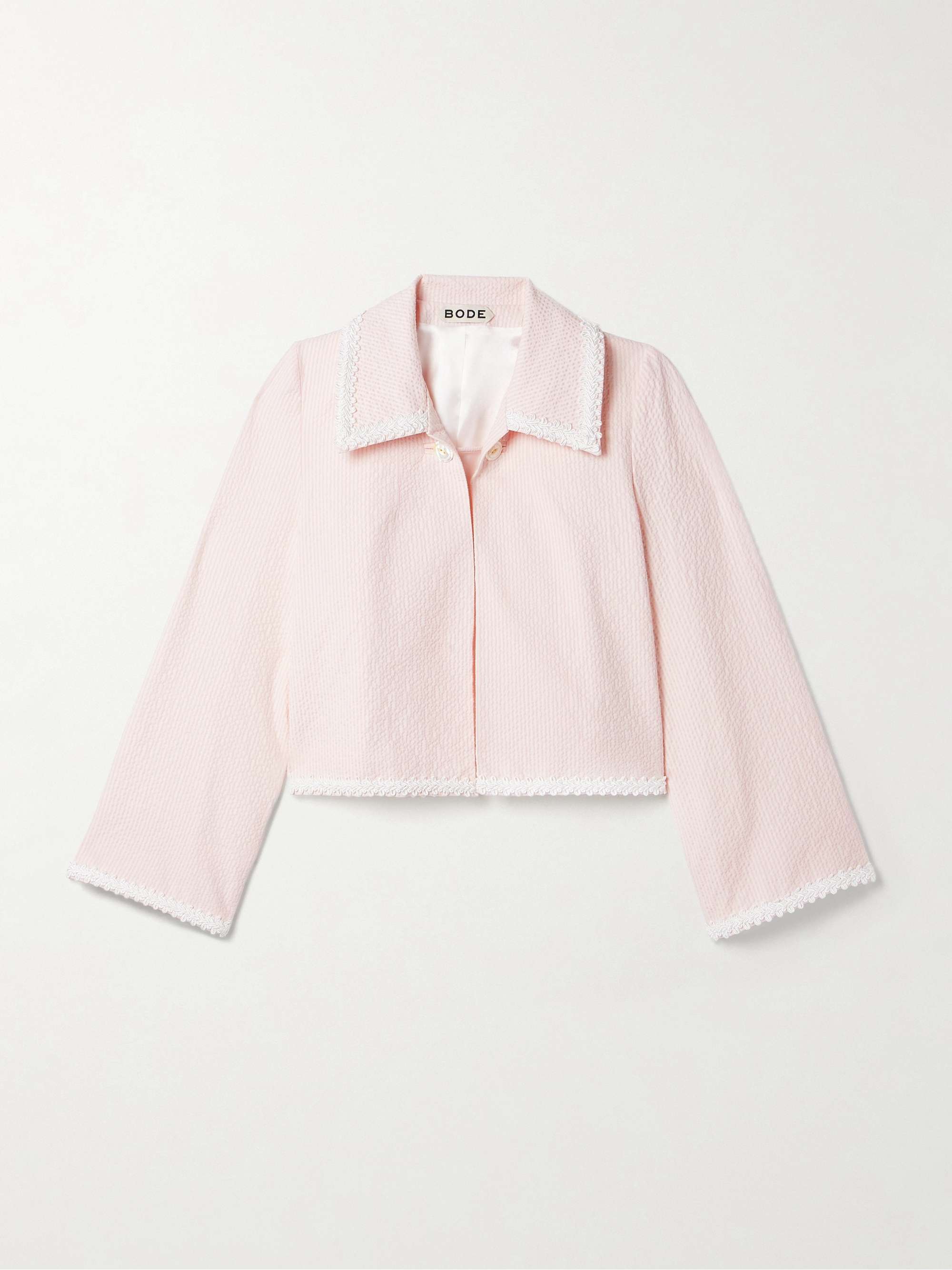 Cropped appliquéd striped cotton-blend seersucker jacket hero visual