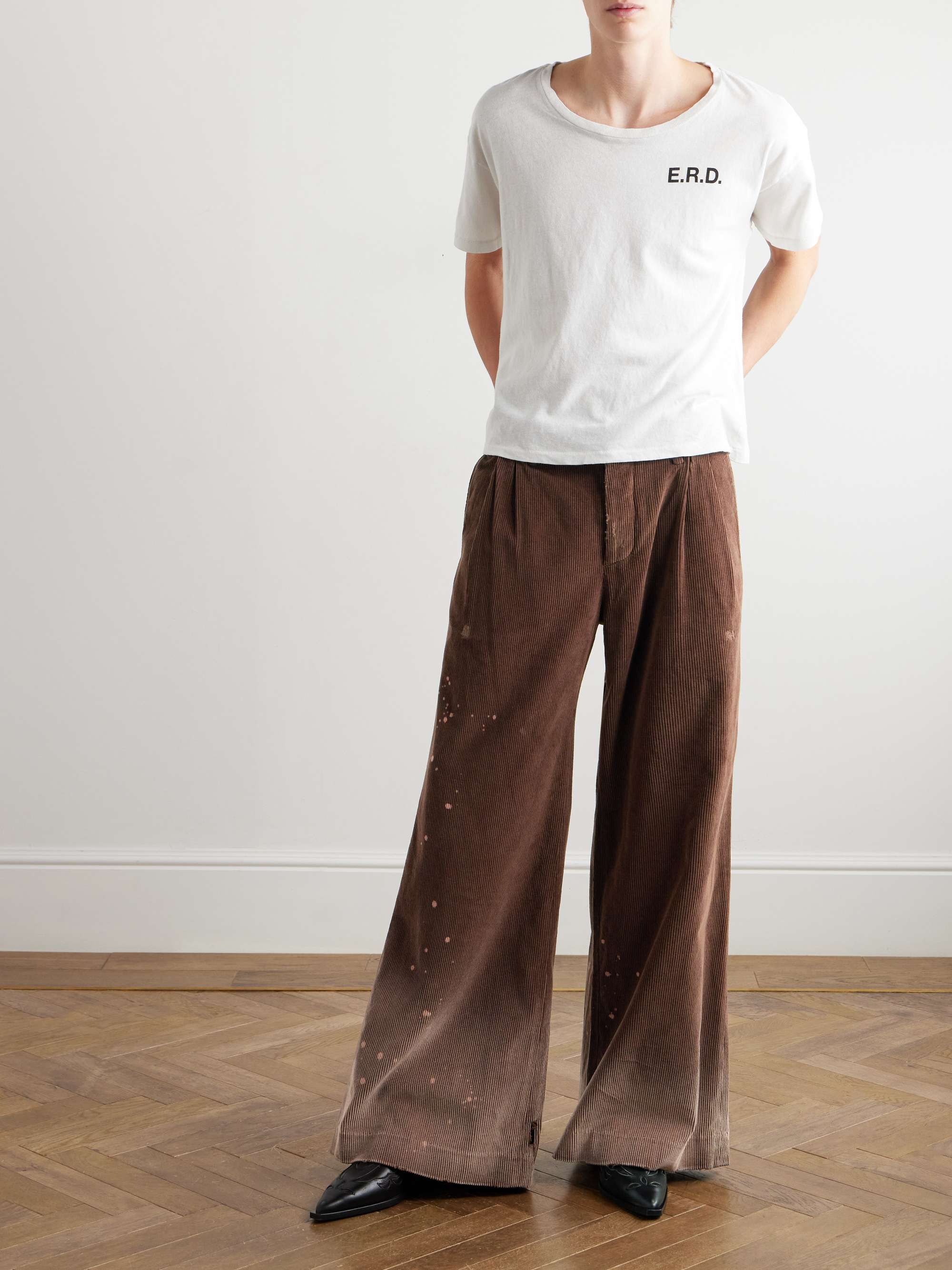 Wide-Leg Distressed Paint-Splattered Cotton-Corduroy Trousers view