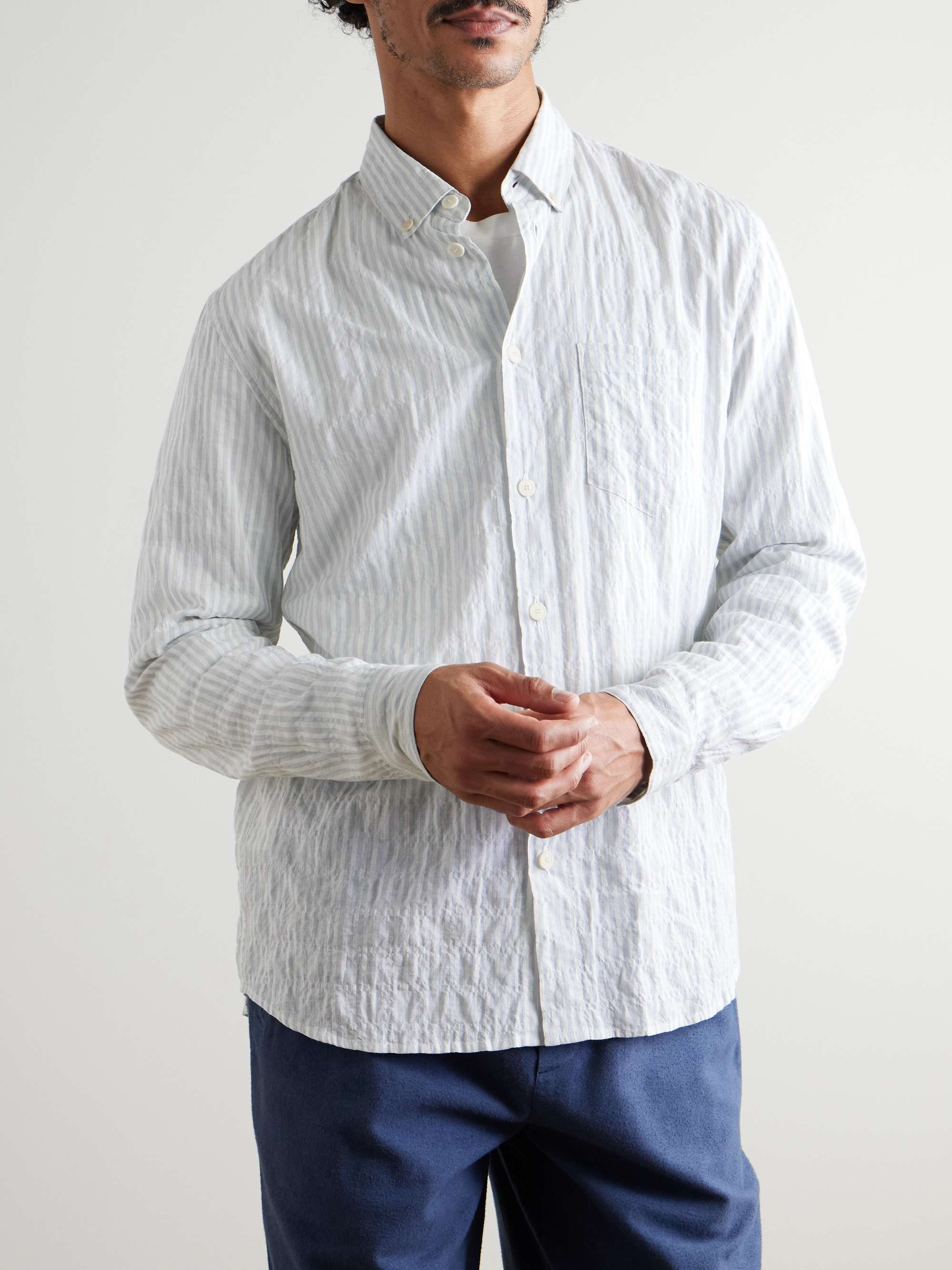 Button-Down Collar Striped Cotton-Blend Seersucker Shirt view