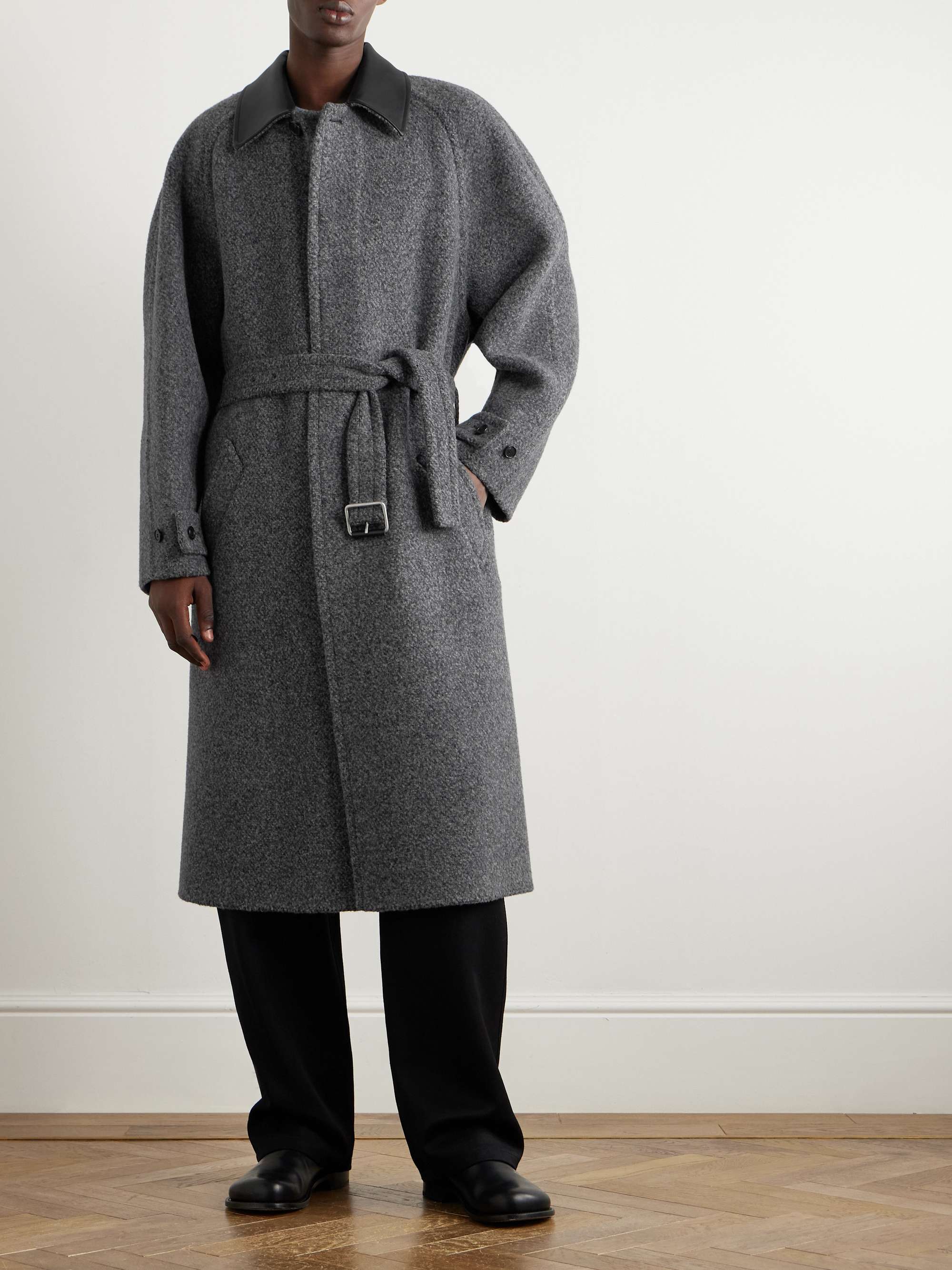 Leather-Trimmed Wool-Blend Overcoat view