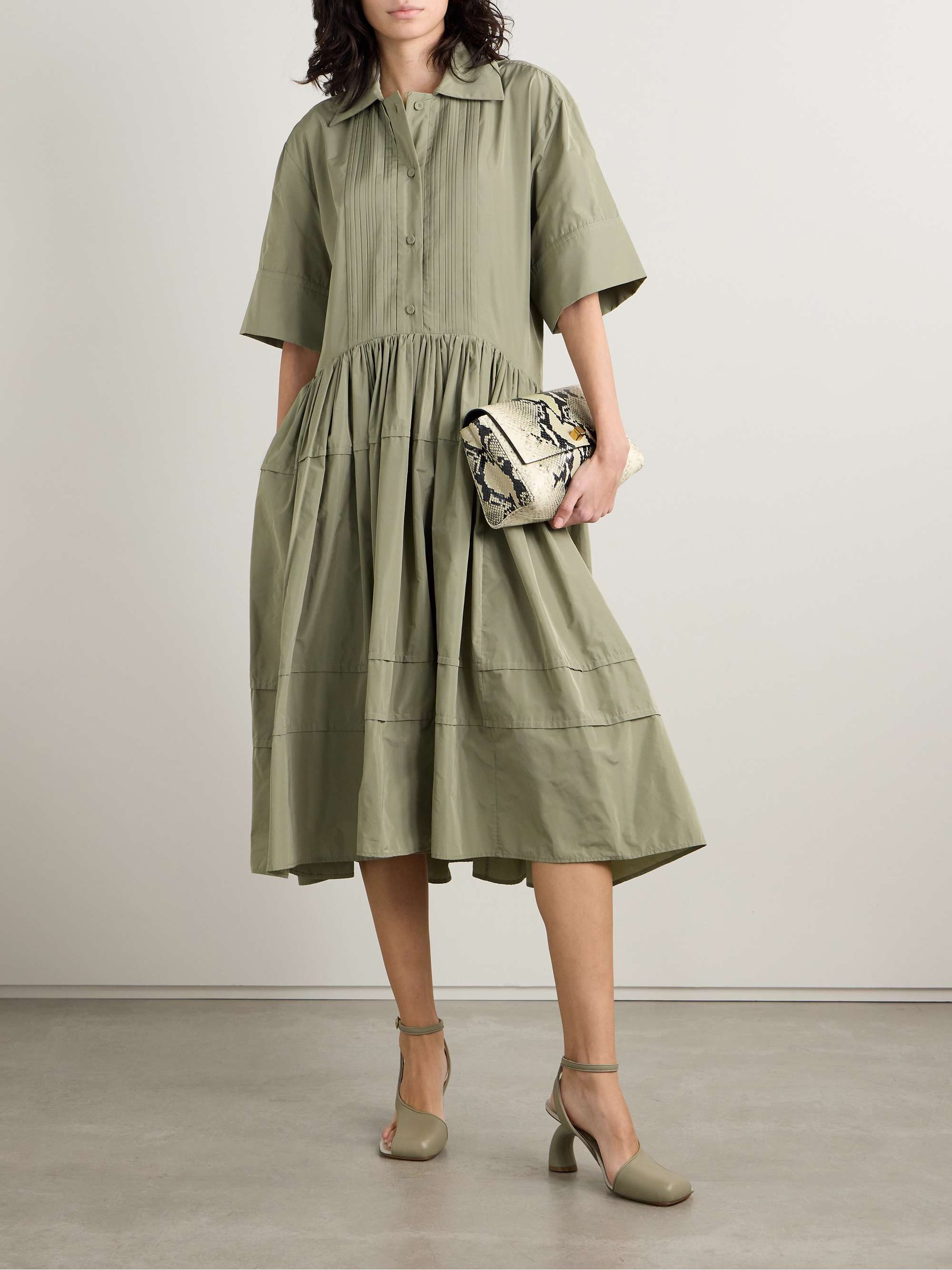 Pleated sateen midi shirt dress view
