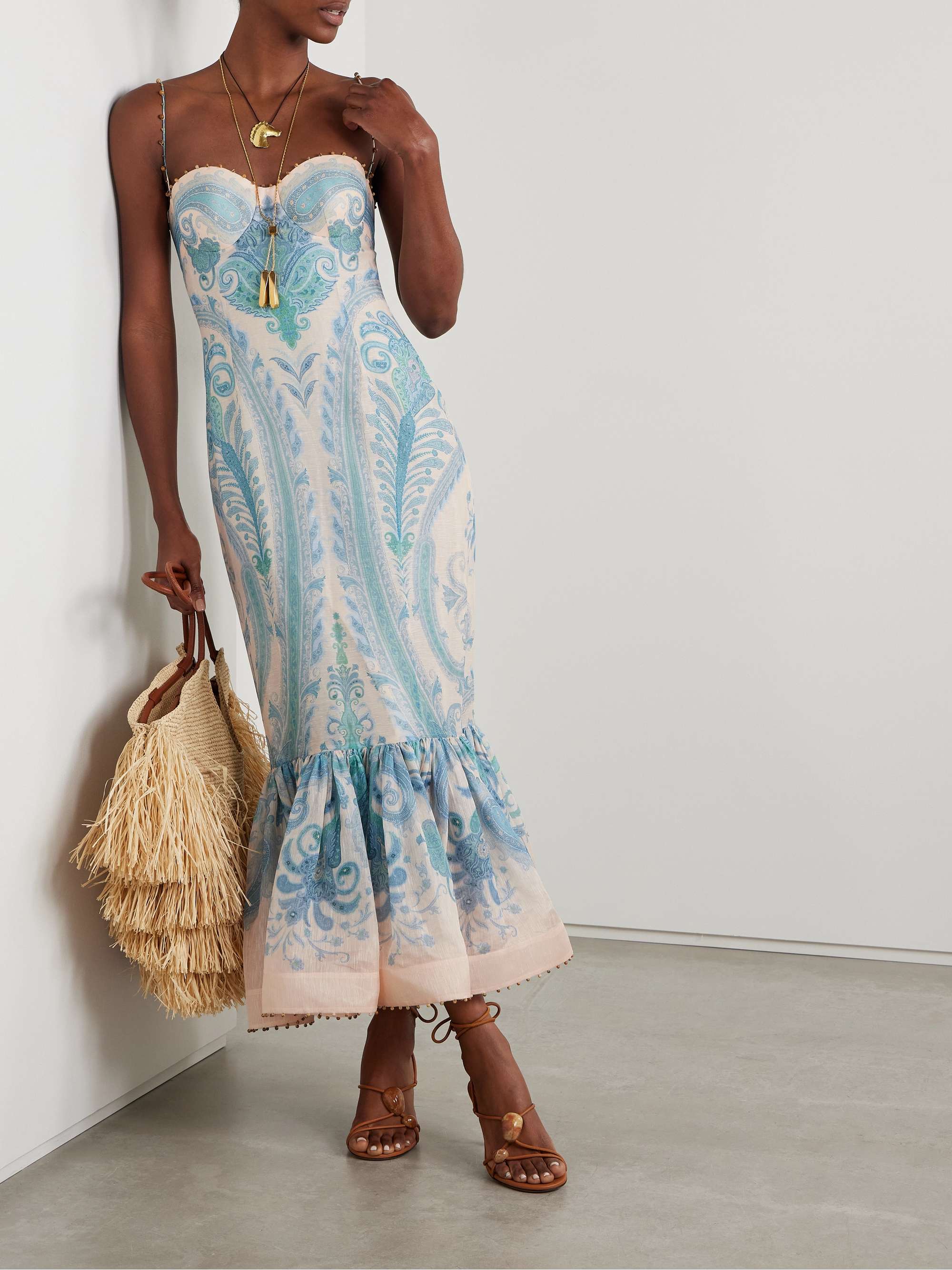 Illuminate bead-embellished paisley-print linen and silk-blend gown view
