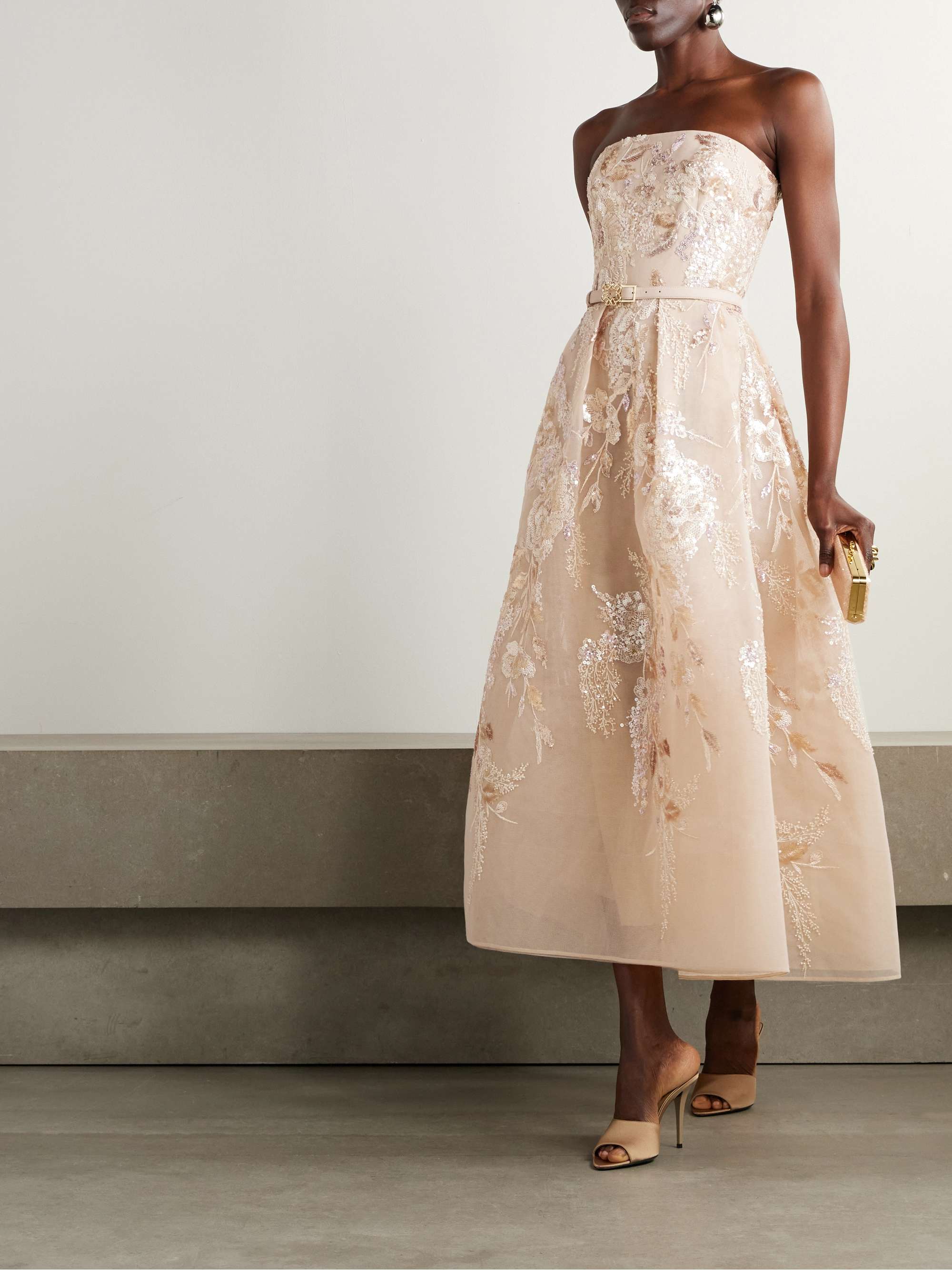Belted strapless pleated embellished tulle midi dress view