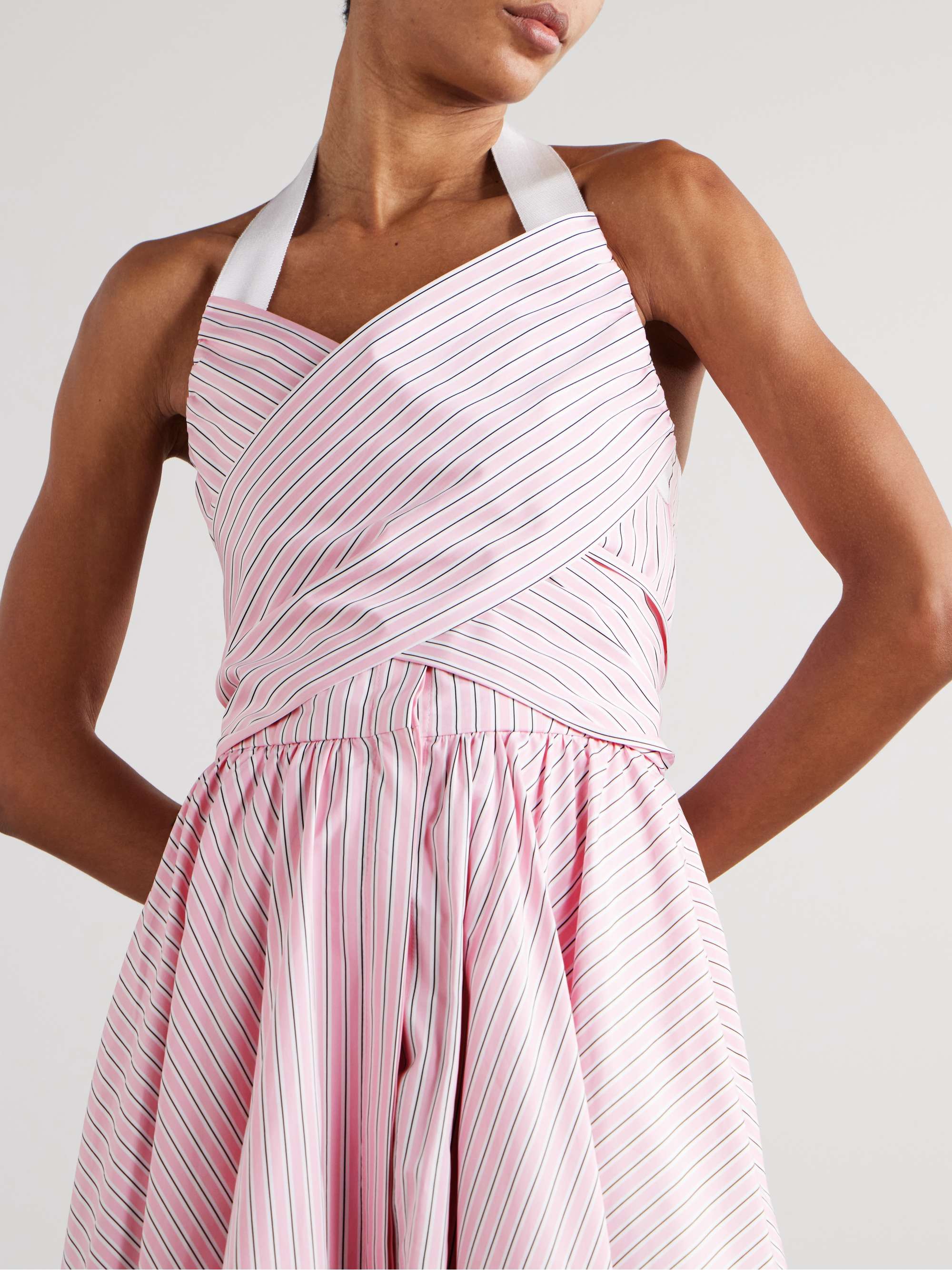 Draped striped cotton-poplin halterneck midi dress view