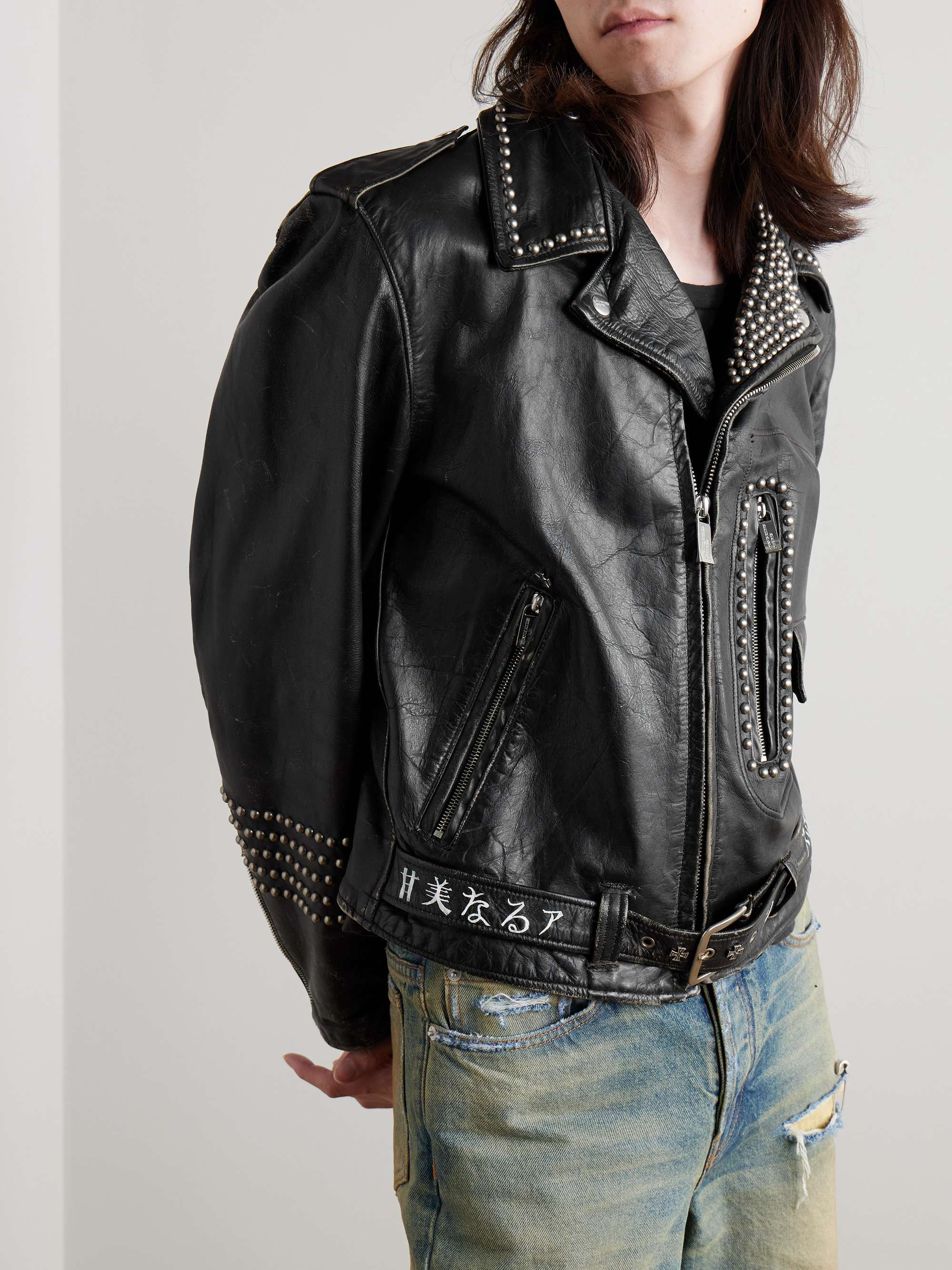 Studded Printed Distressed Leather Biker Jacket view