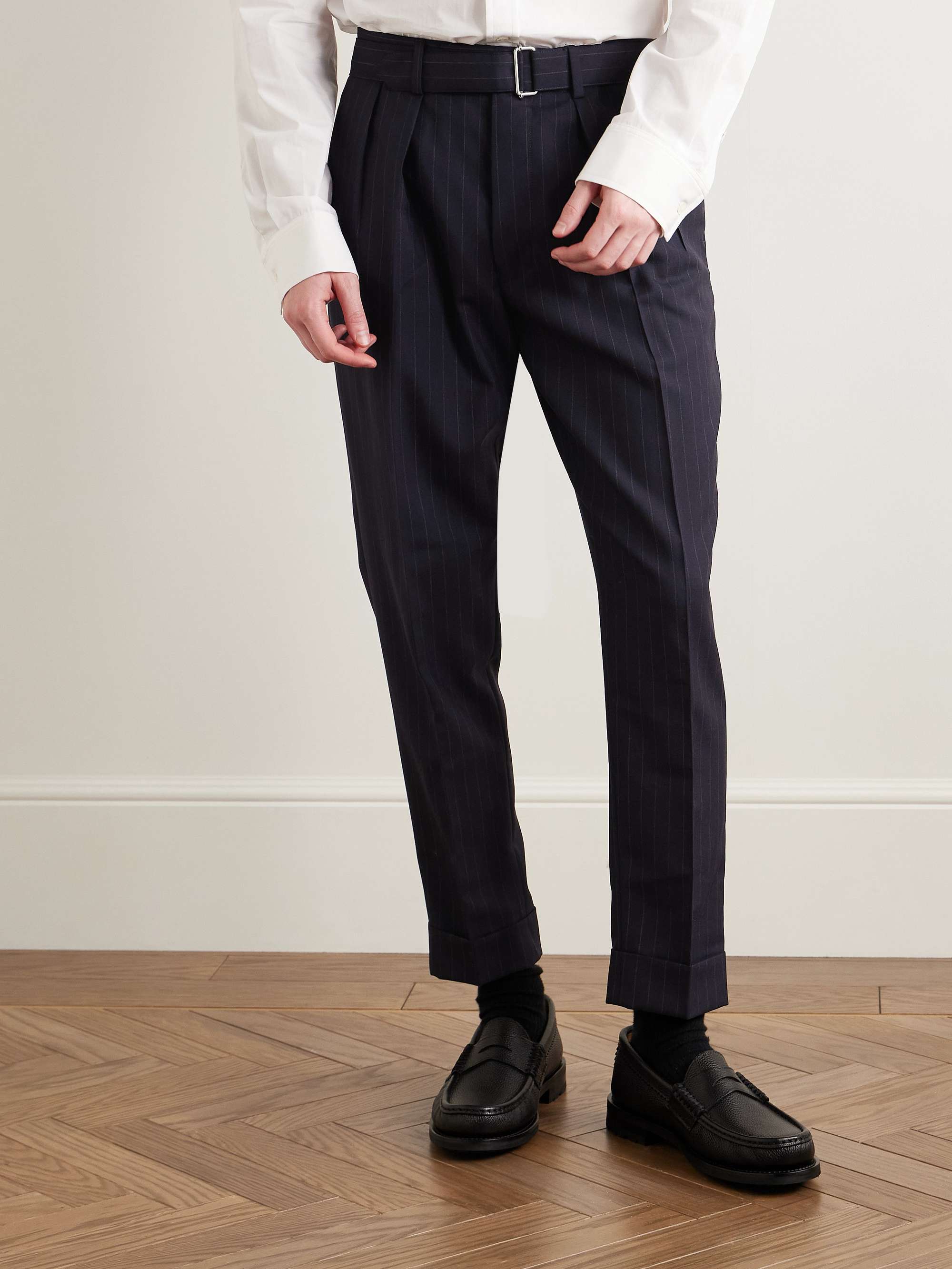 Pierre Tapered Pleated Belted Pinstriped Virgin Wool Trousers view