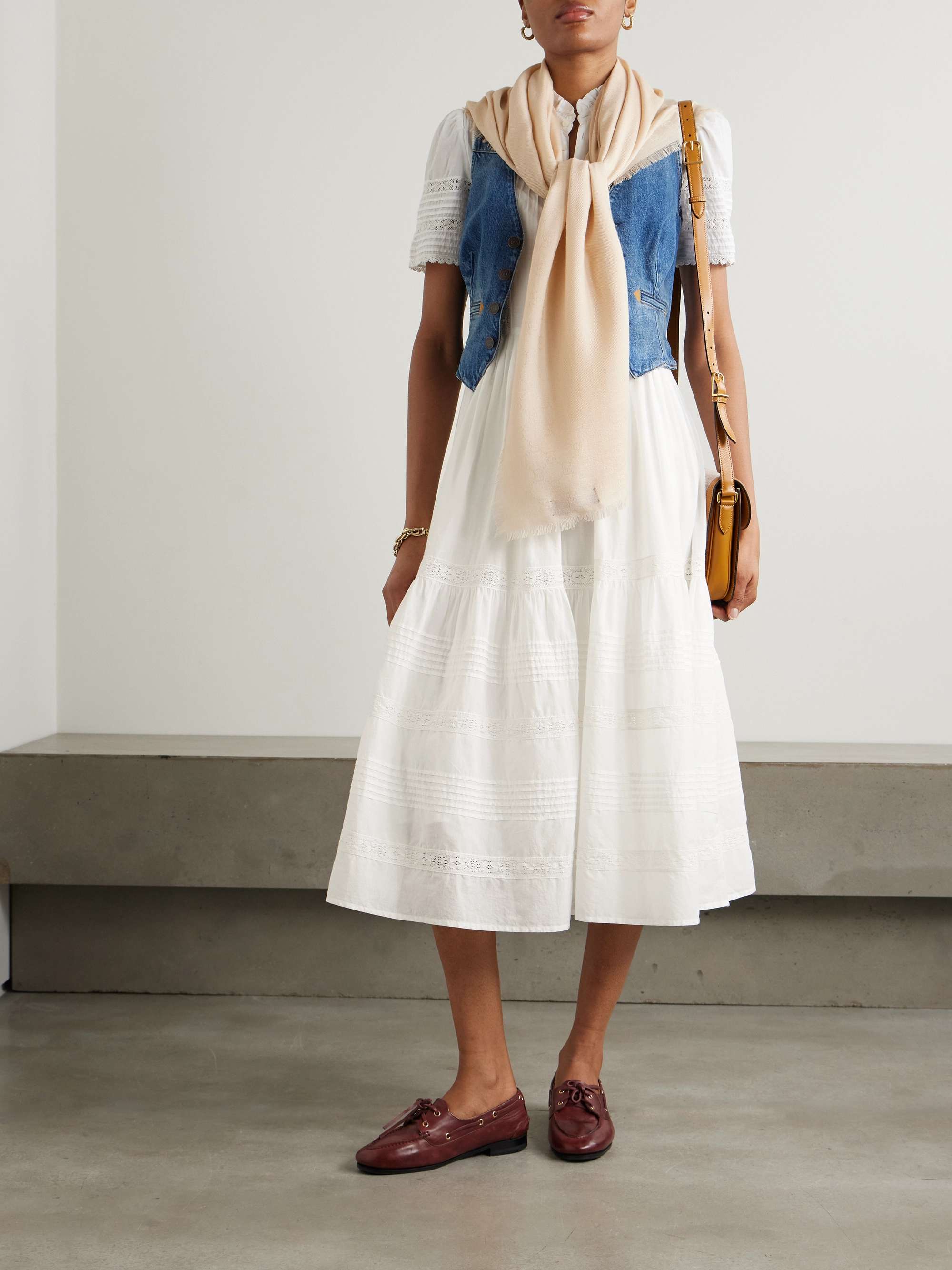 Lace-trimmed pintucked cotton midi dress view