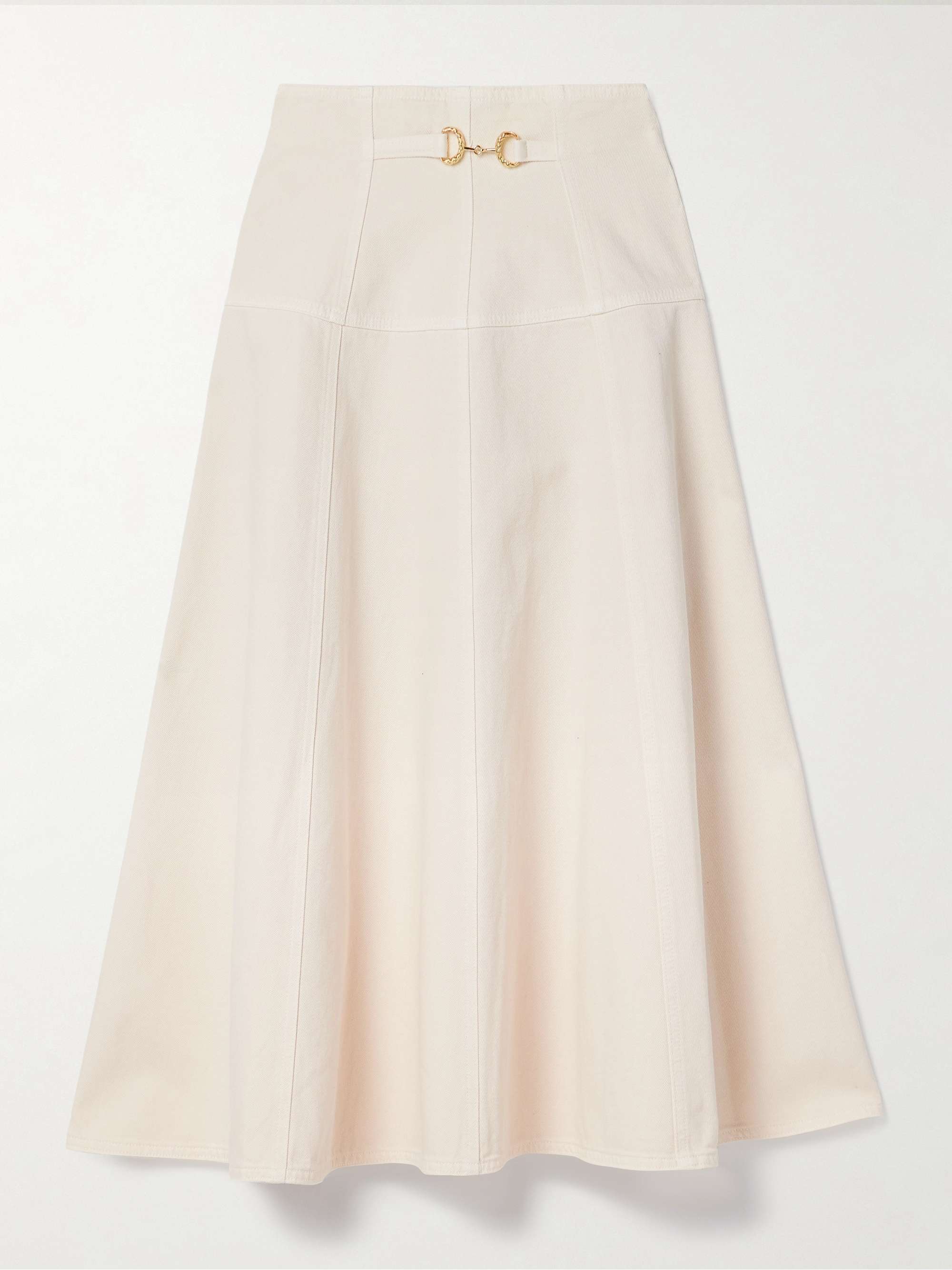 The Brigette horsebit-embellished denim midi skirt hero visual