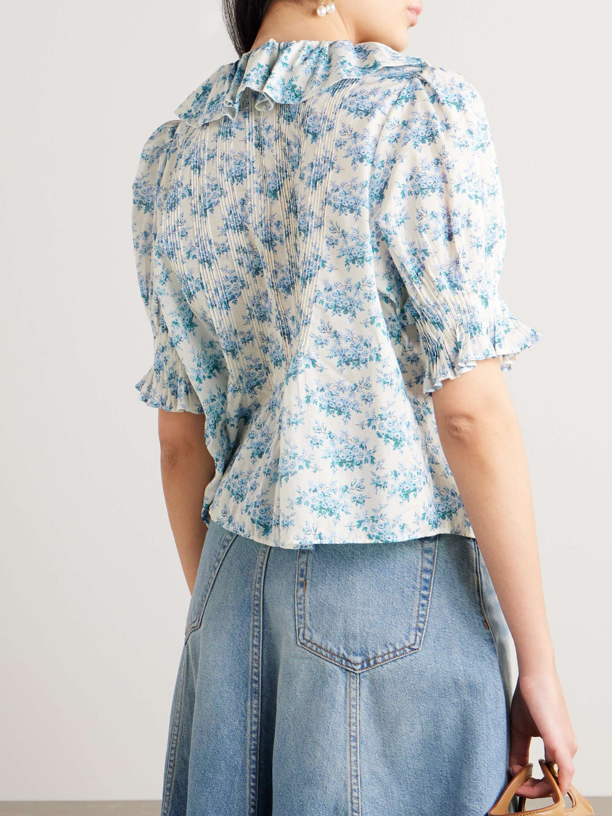 Henri ruffled pintucked floral-print organic cotton-voile top view