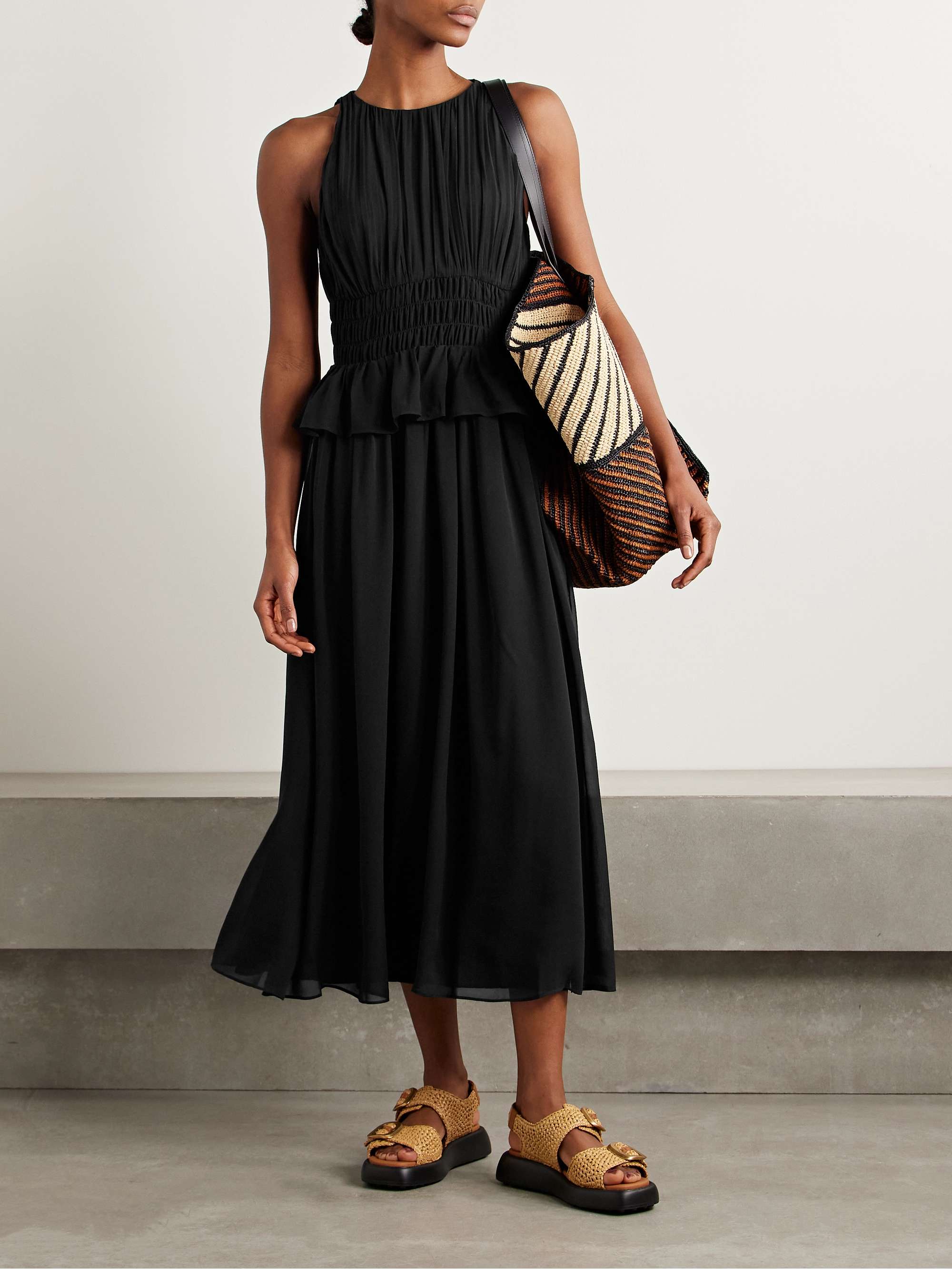 Adeline shirred silk crepe de chine peplum midi dress view