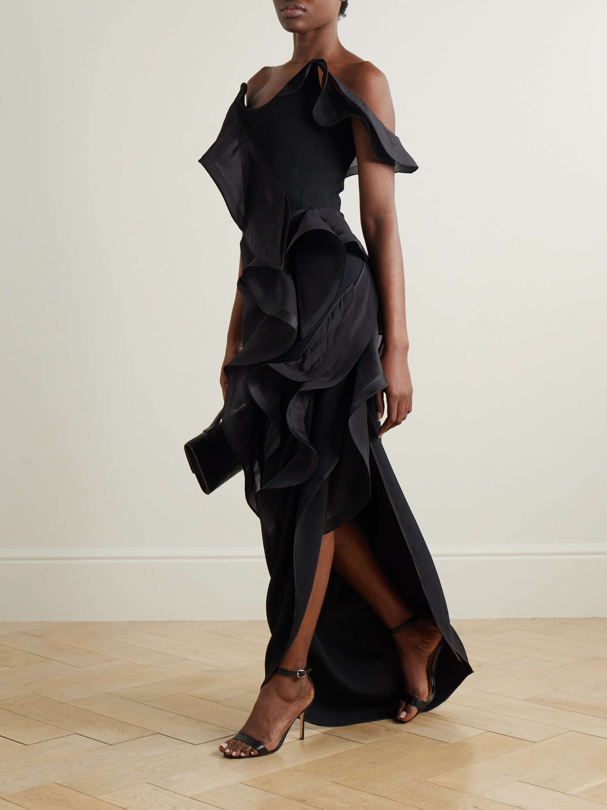 Satellite Wave asymmetric ruffled organza-trimmed crepe gown view