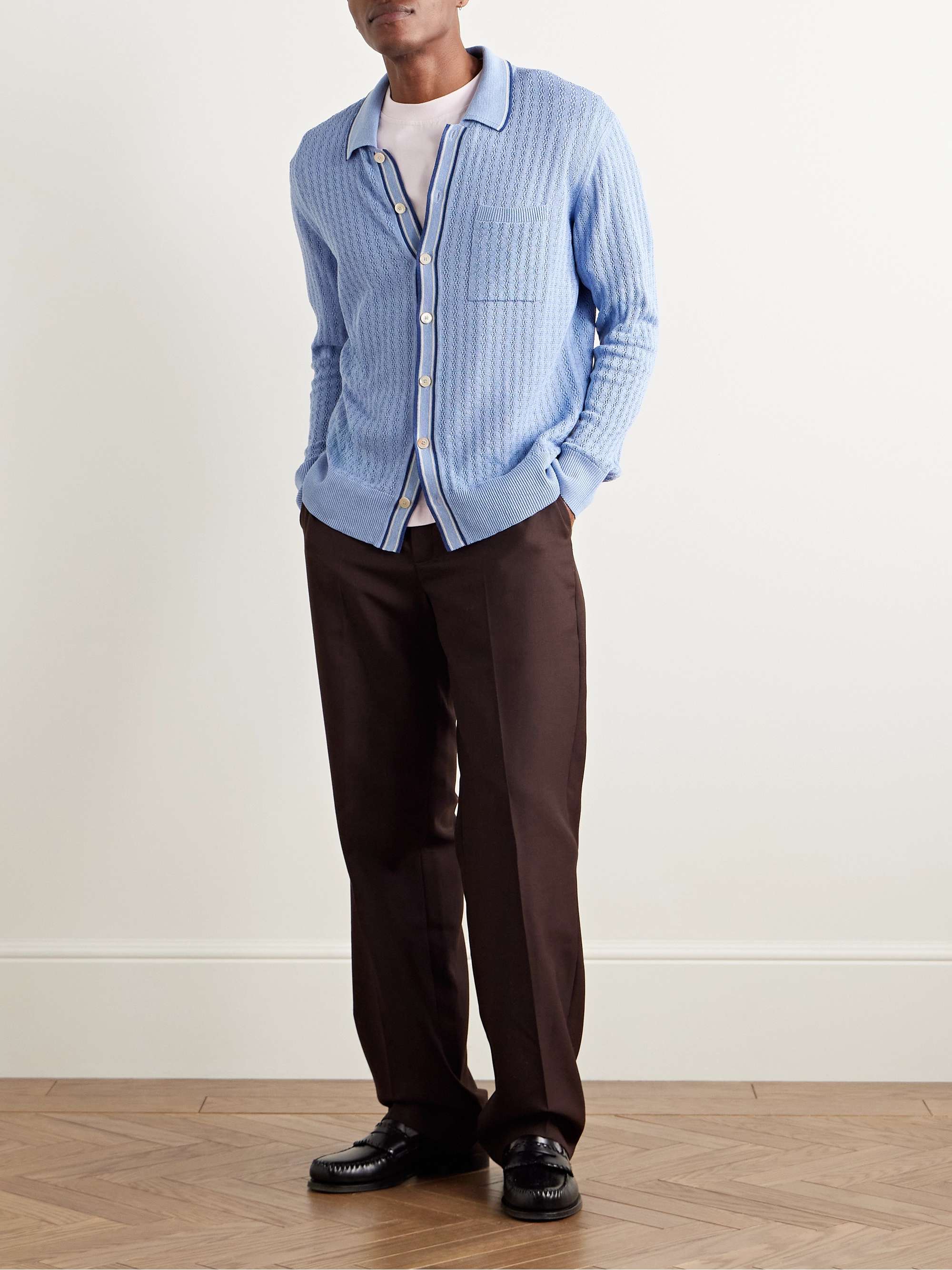 Slim-Fit Striped Pointelle-Knit Silk and Linen-Blend Shirt view