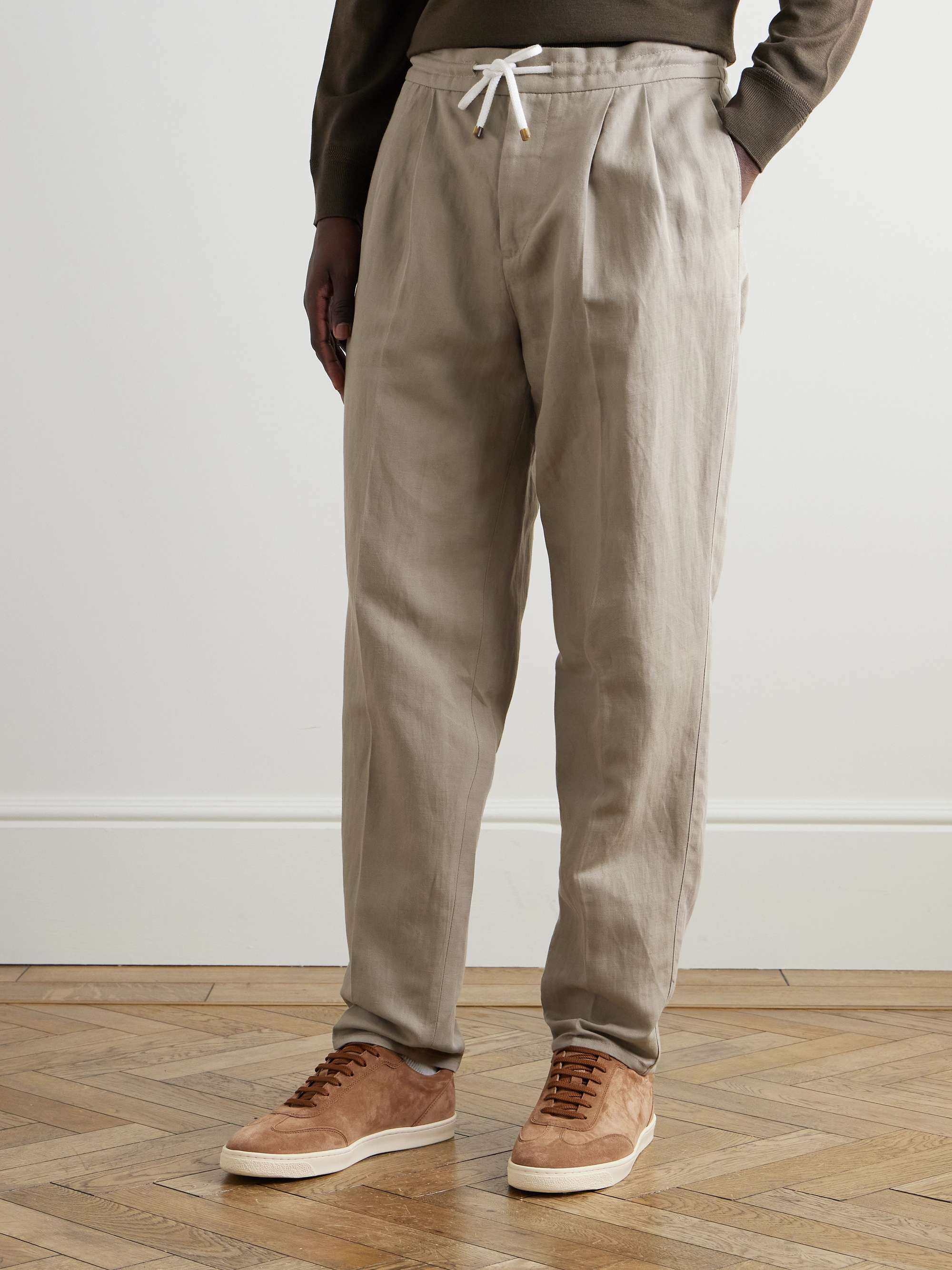 Straight-Leg Pleated Linen and Cotton-Blend Trousers view