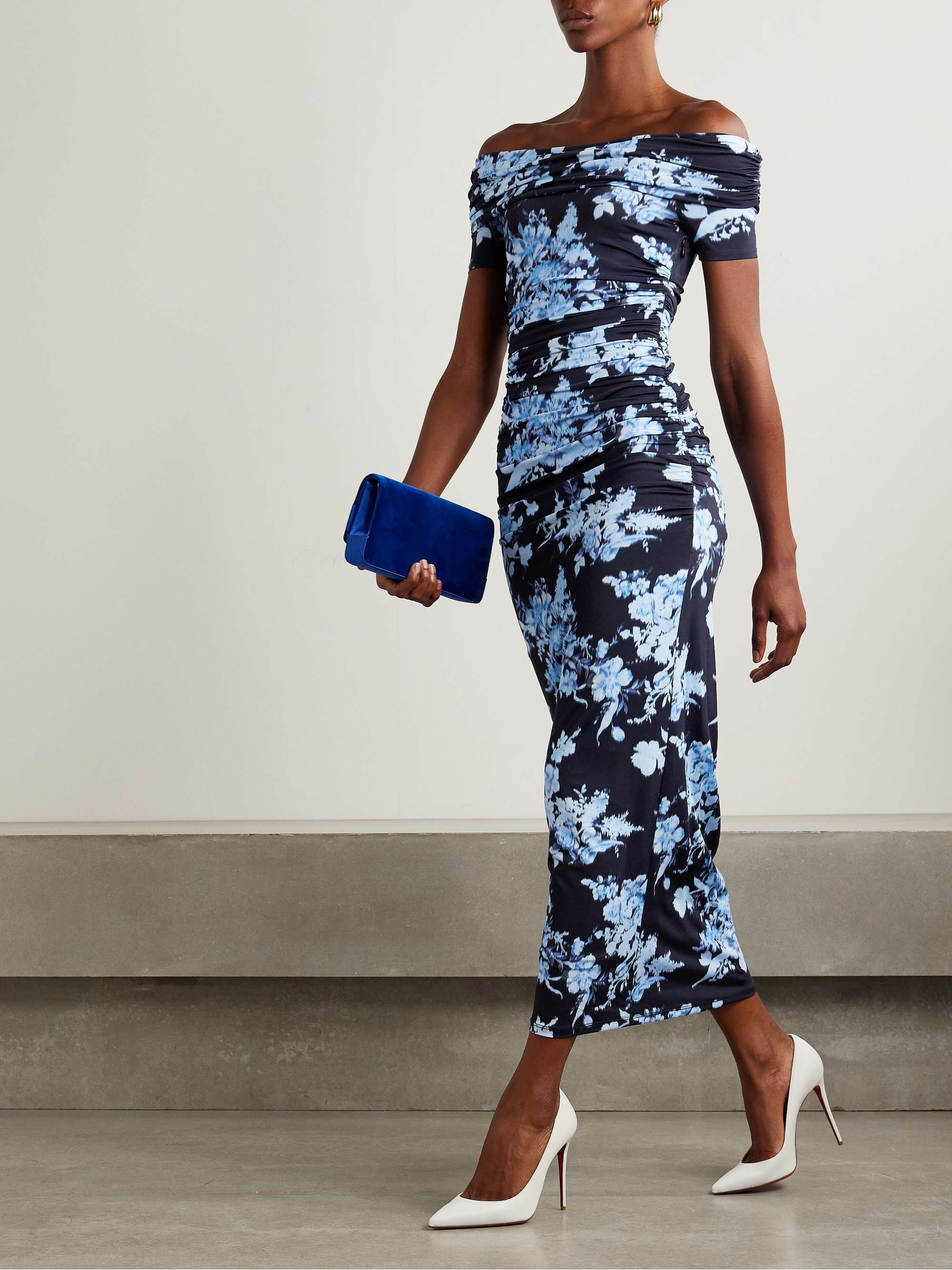 Off-the-shoulder ruched floral-print stretch-jersey midi dress view