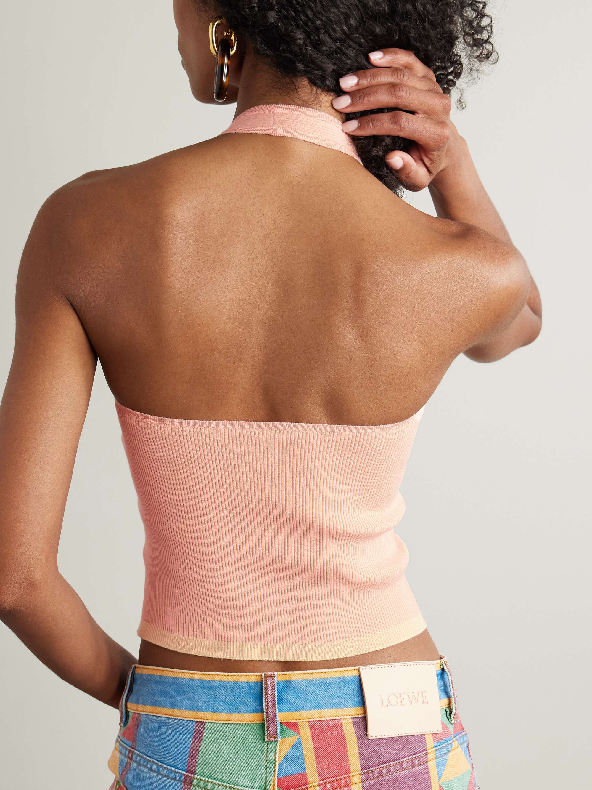 + Paula's Ibiza cropped jacquard-woven ribbed stretch-jersey halterneck top view