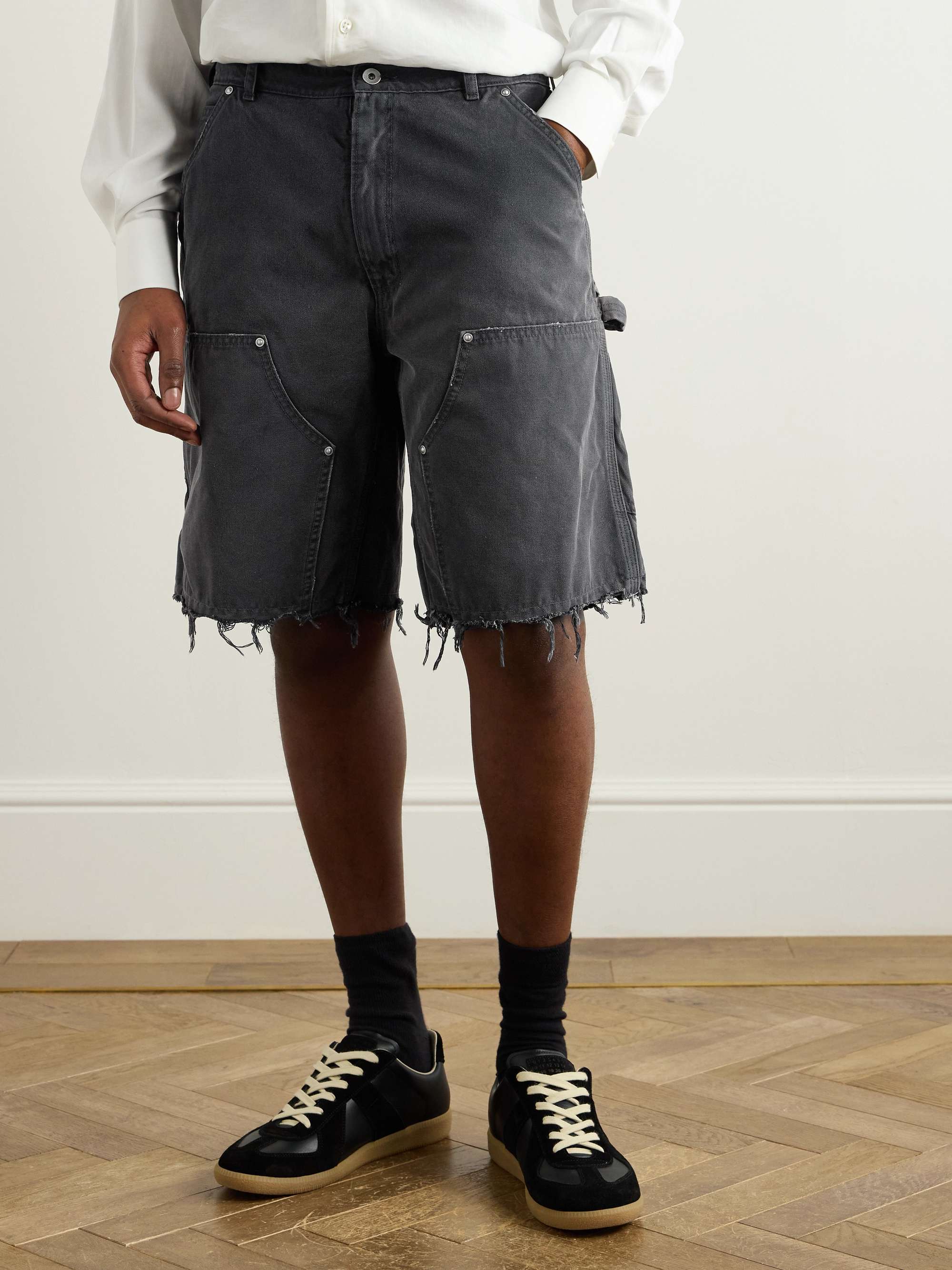 Straight-Leg Panelled Frayed Cotton-Canvas Shorts view