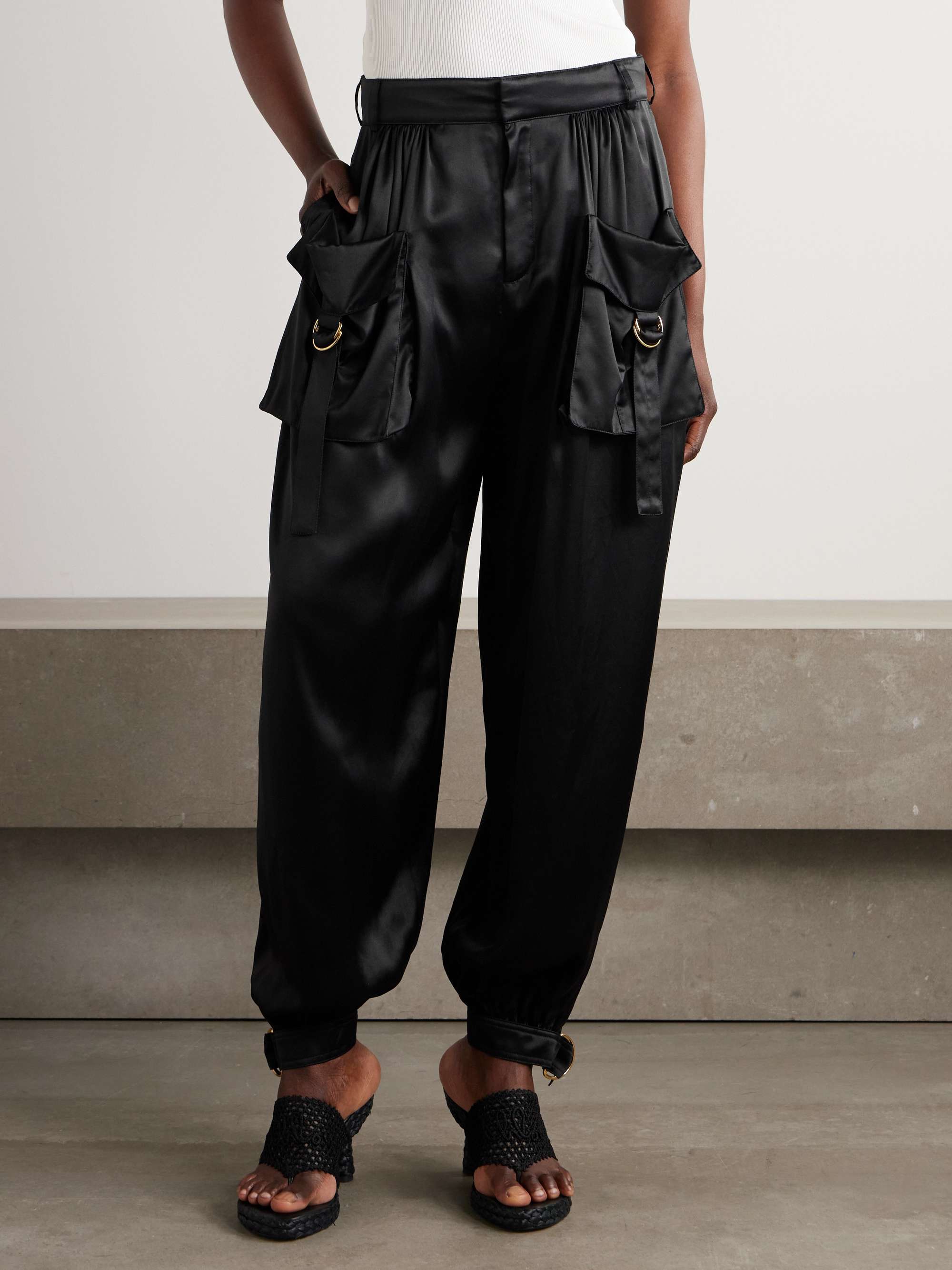 Embellished pleated silk-satin tapered pants view
