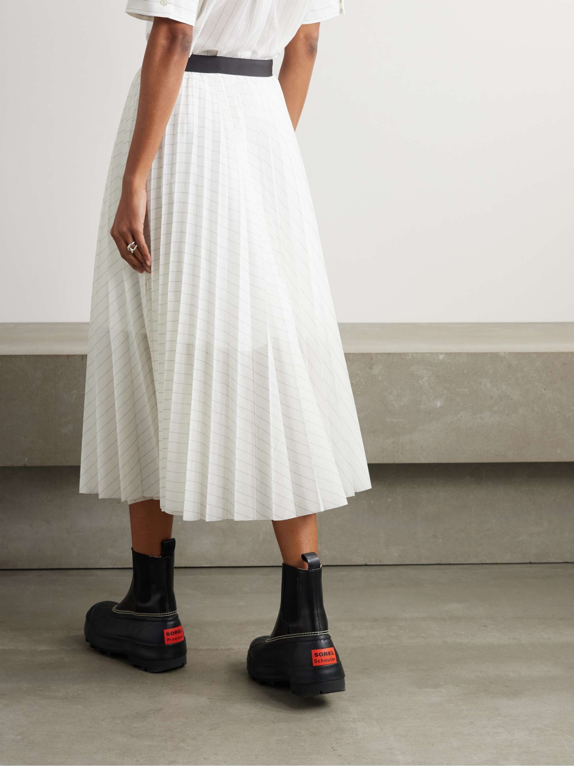 Belted pleated striped voile midi skirt view