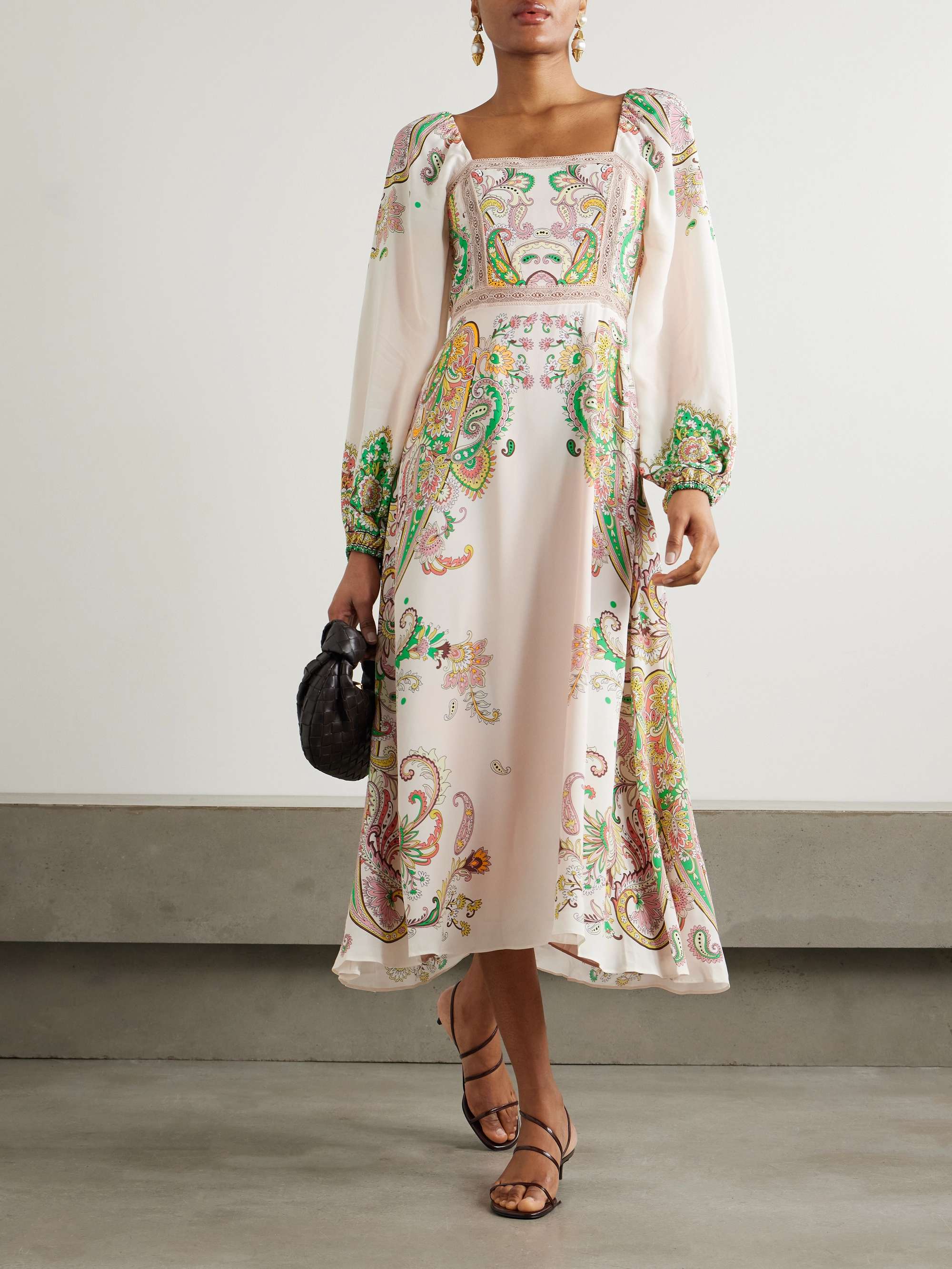 Lace-trimmed printed crepe de chine midi dress view