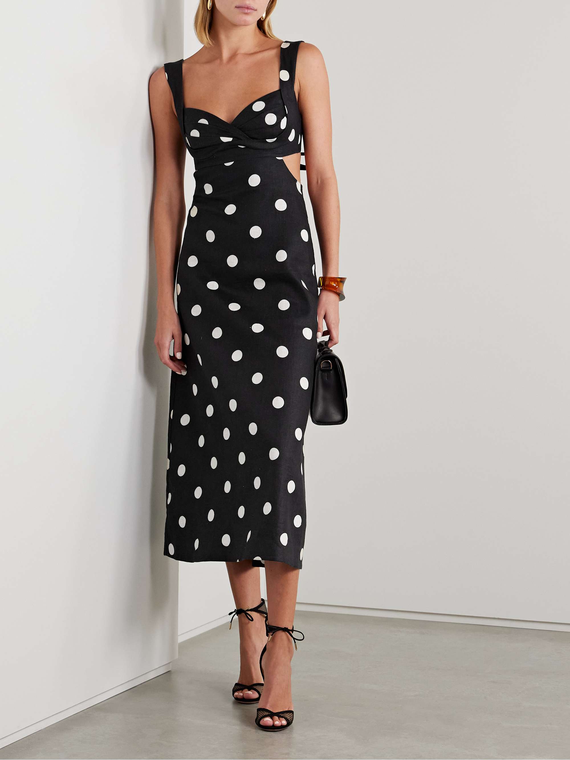 Crush cutout pleated polka-dot linen midi dress view