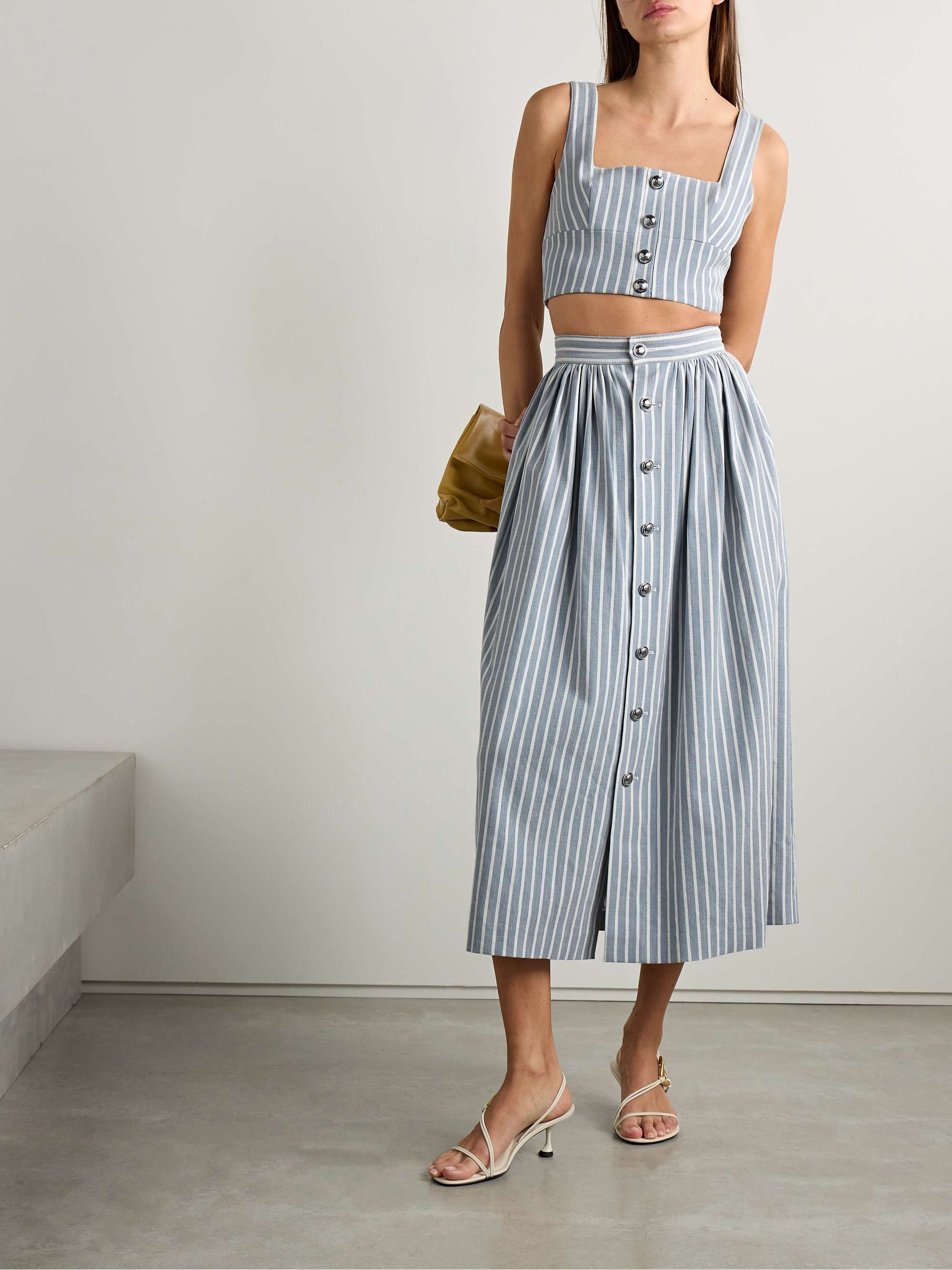 Quinn button-embellished cropped striped denim top view