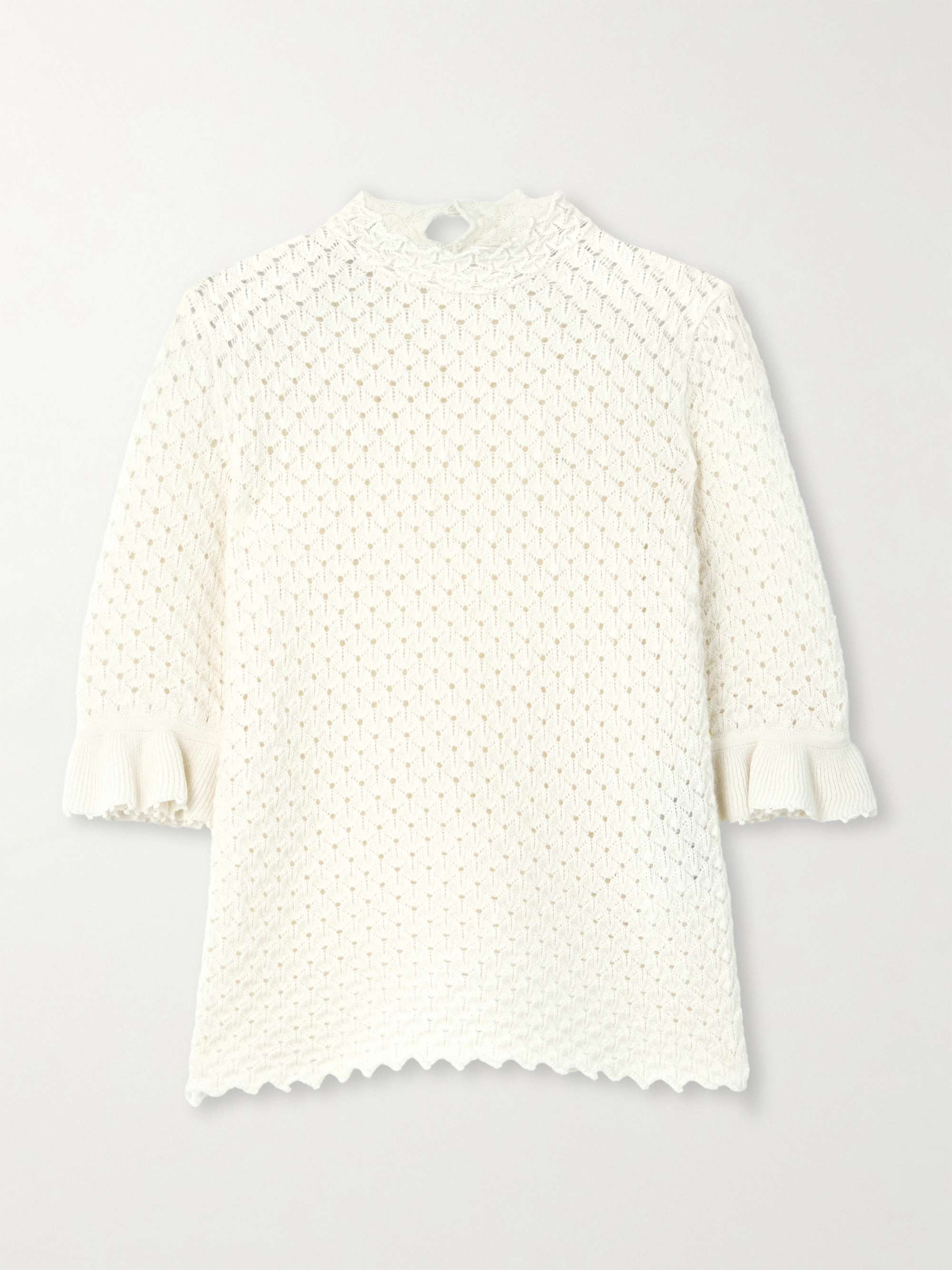 Scalloped ruffled pointelle-knit wool and cashmere-blend top view