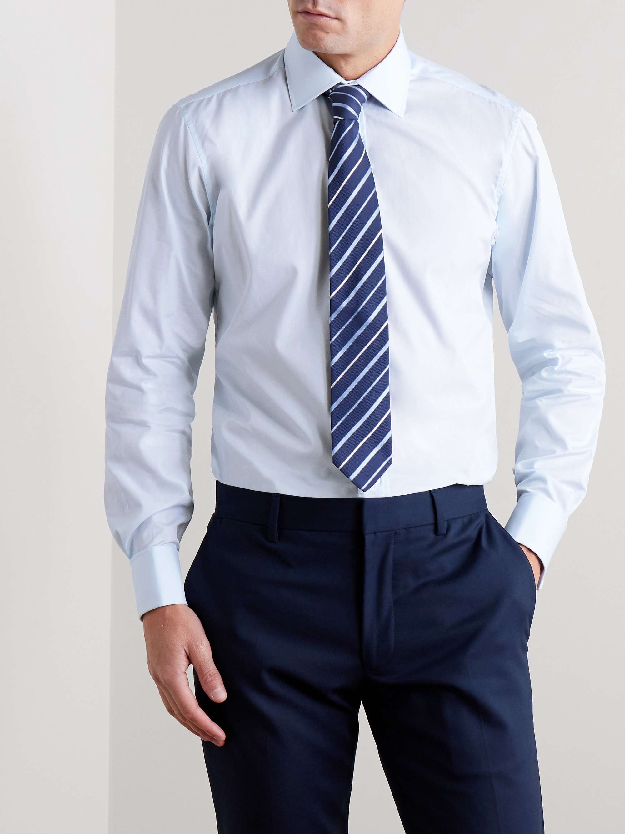 Blue Slim-Fit Double Cuff Cotton-Poplin Shirt view