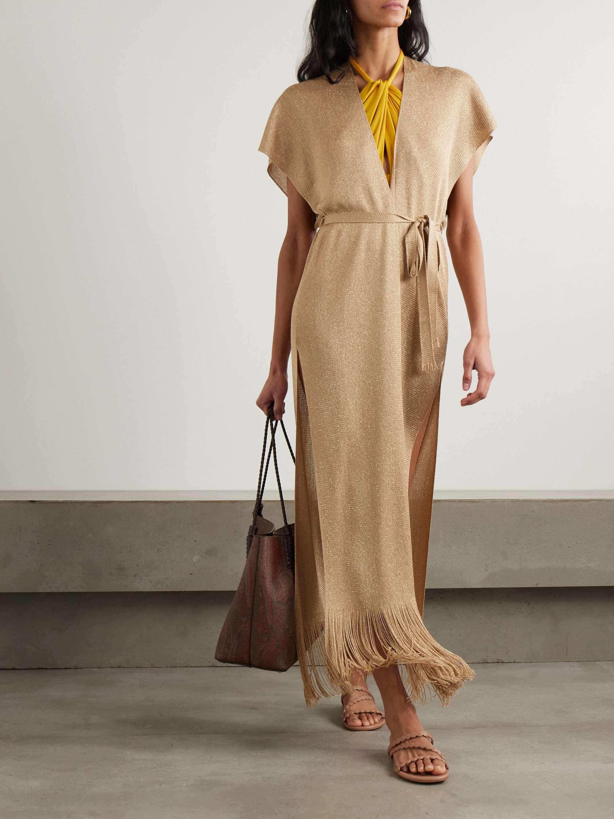 Zarelia belted fringed metallic knitted kaftan view