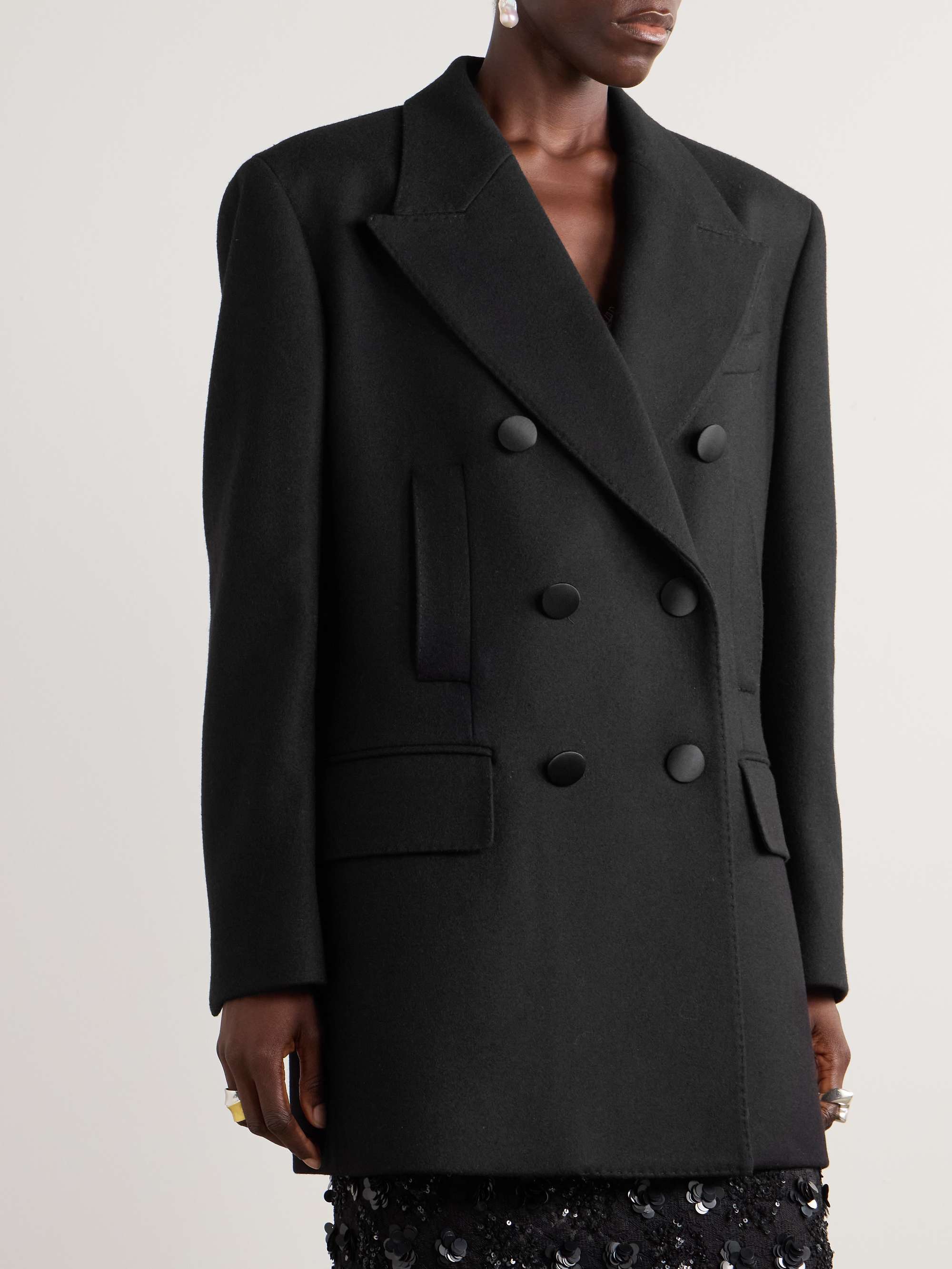 Double-breasted satin-trimmed brushed wool-blend blazer view