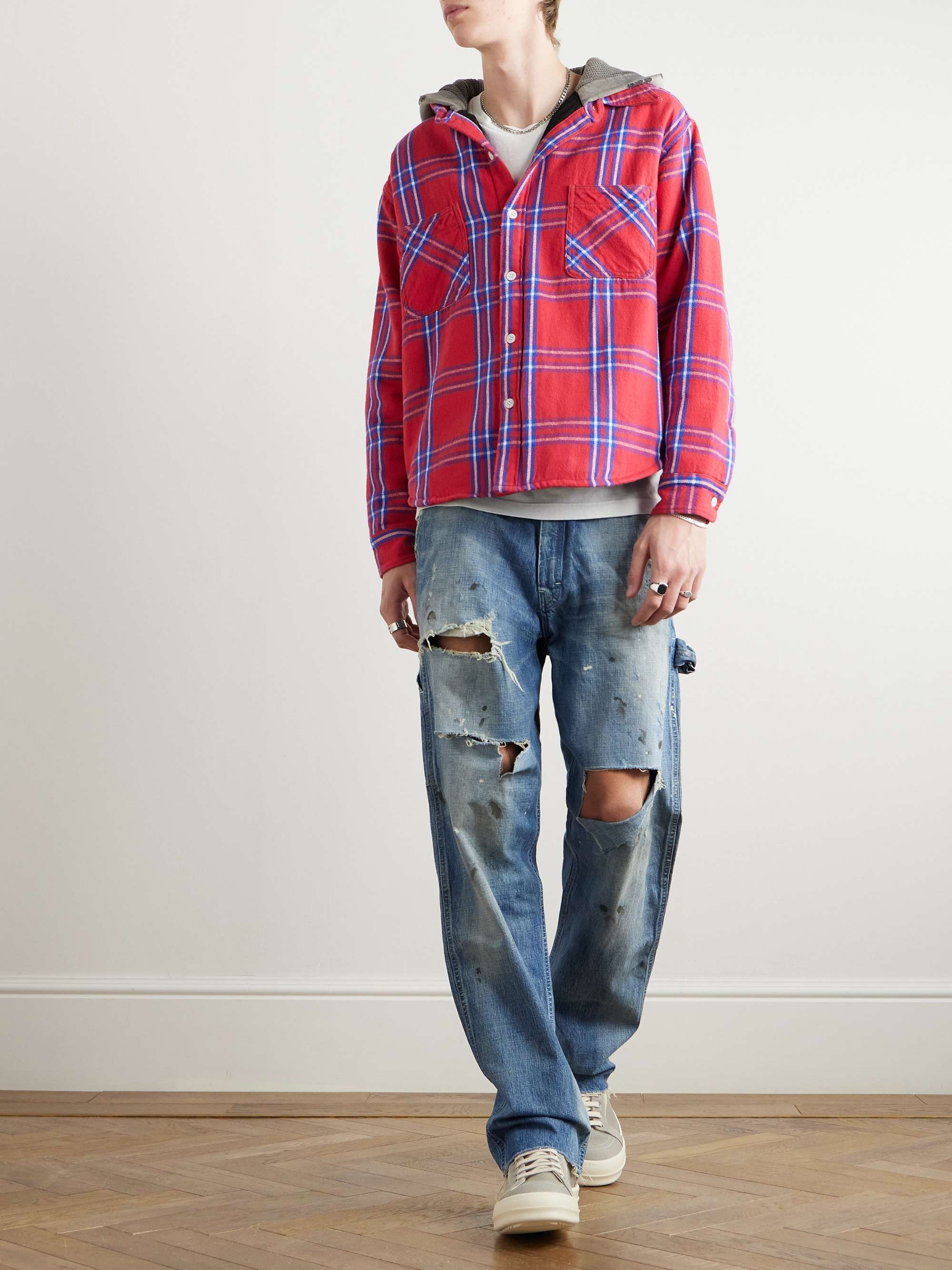 Jersey-Trimmed Padded Checked Cotton-Flannel Hooded Overshirt view