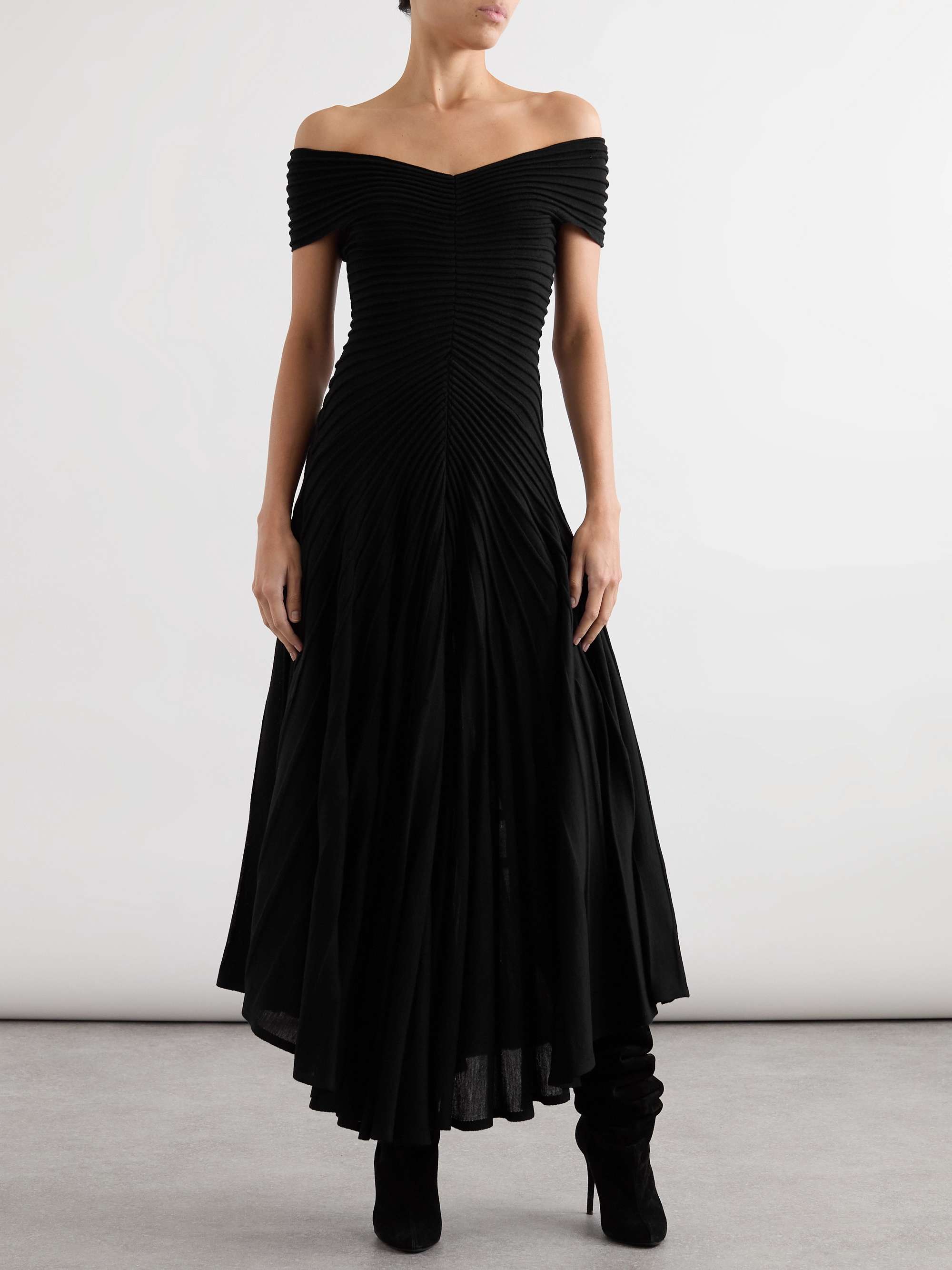 Off-the-shoulder asymmetric ribbed wool midi dress view