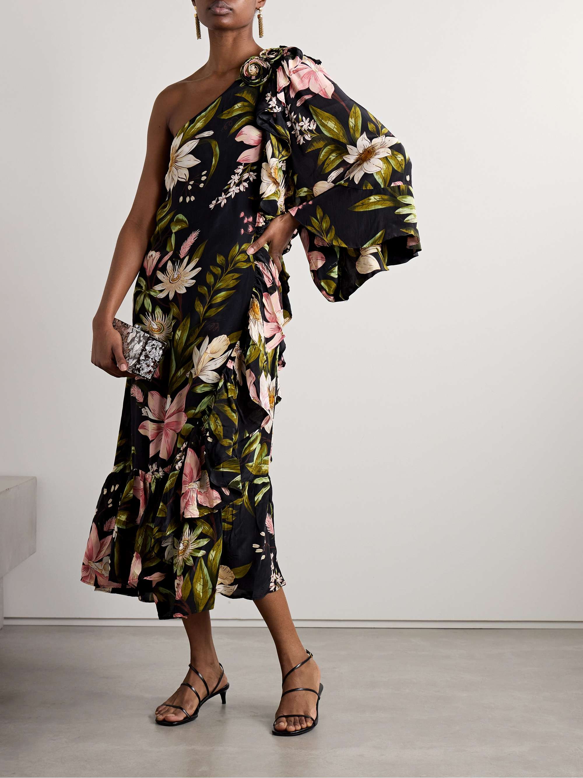 One-sleeve ruffled floral-print crepe de chine midi dress view
