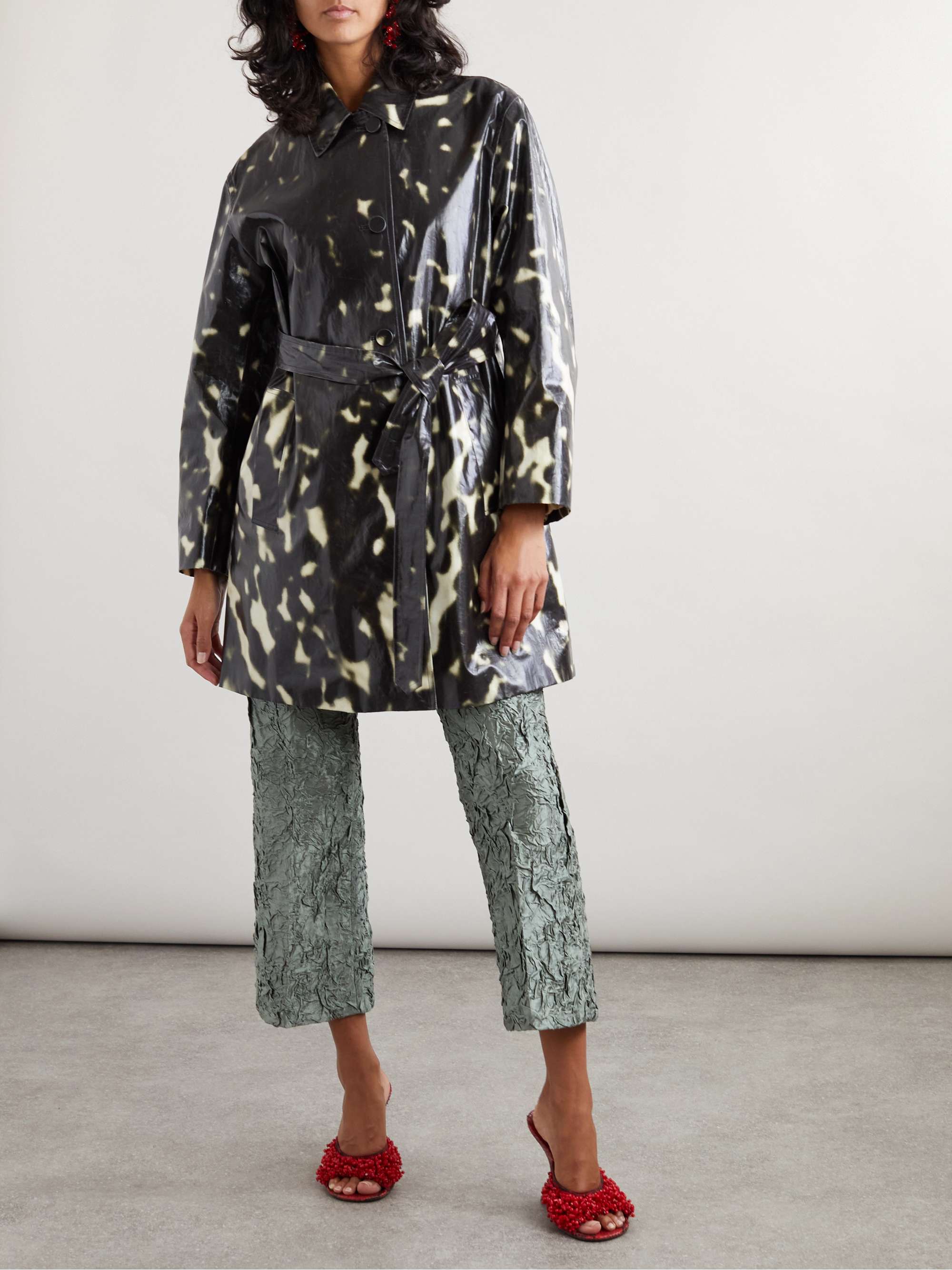 Belted printed coated cotton-canvas trench coat view