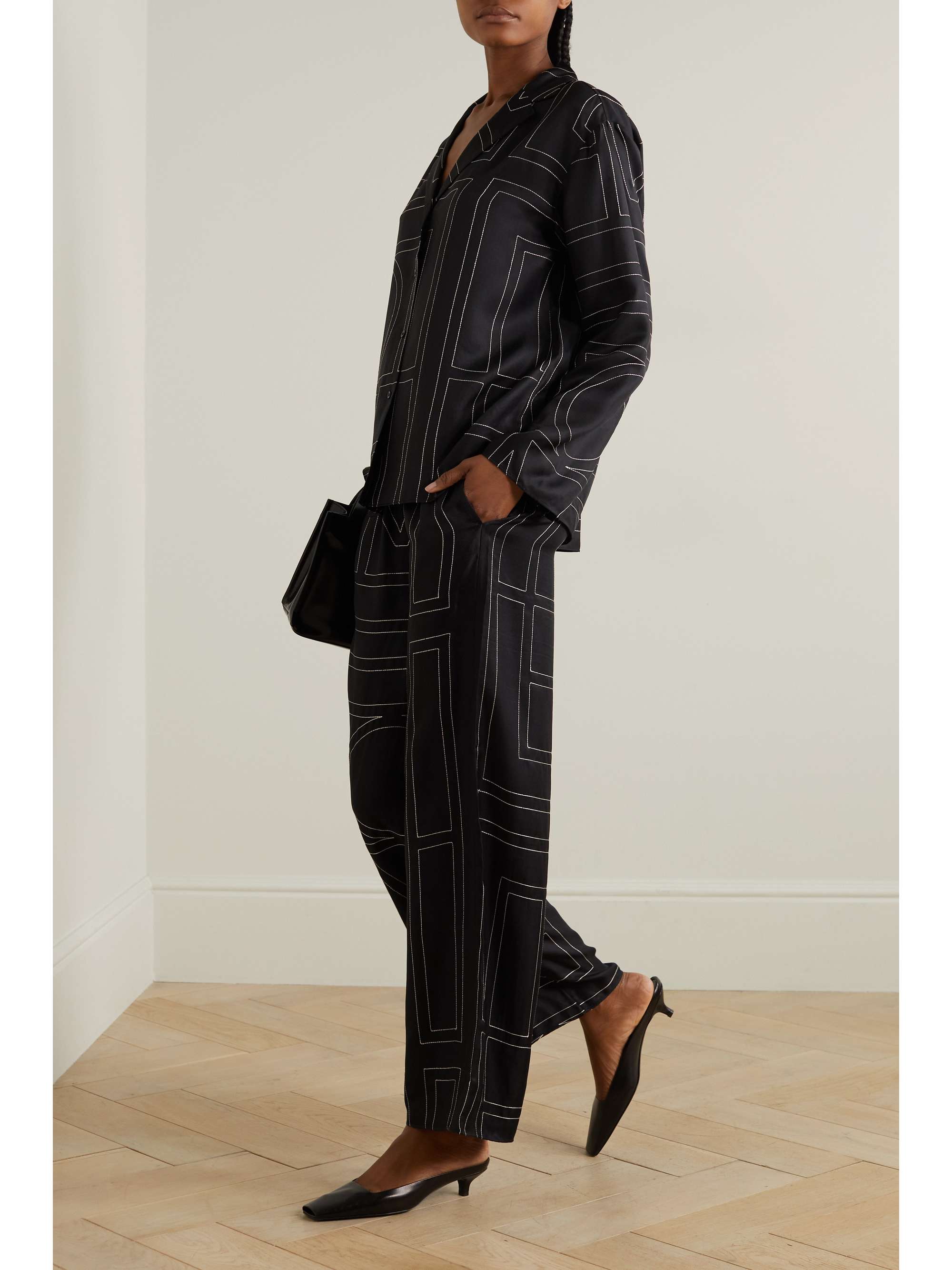 Embroidered silk-twill wide-leg pants view