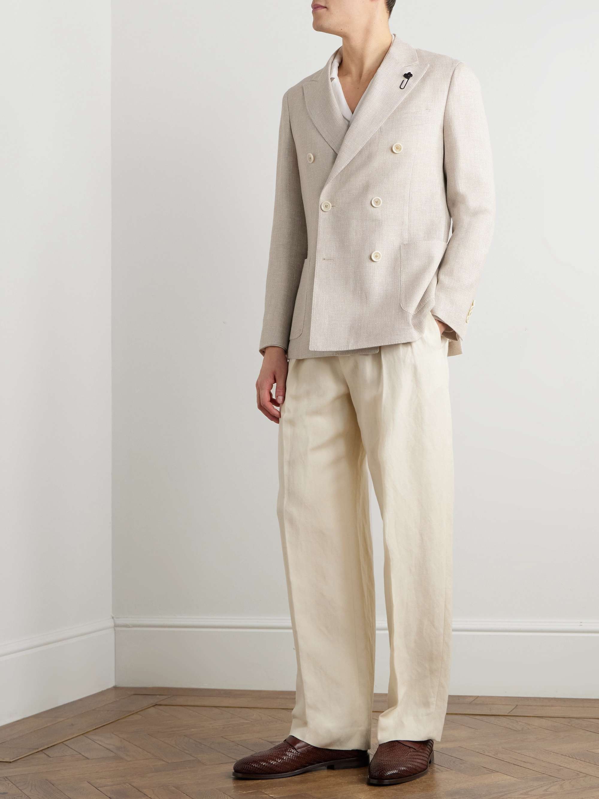 Double-Breasted Linen and Wool-Blend Crepe Blazer view
