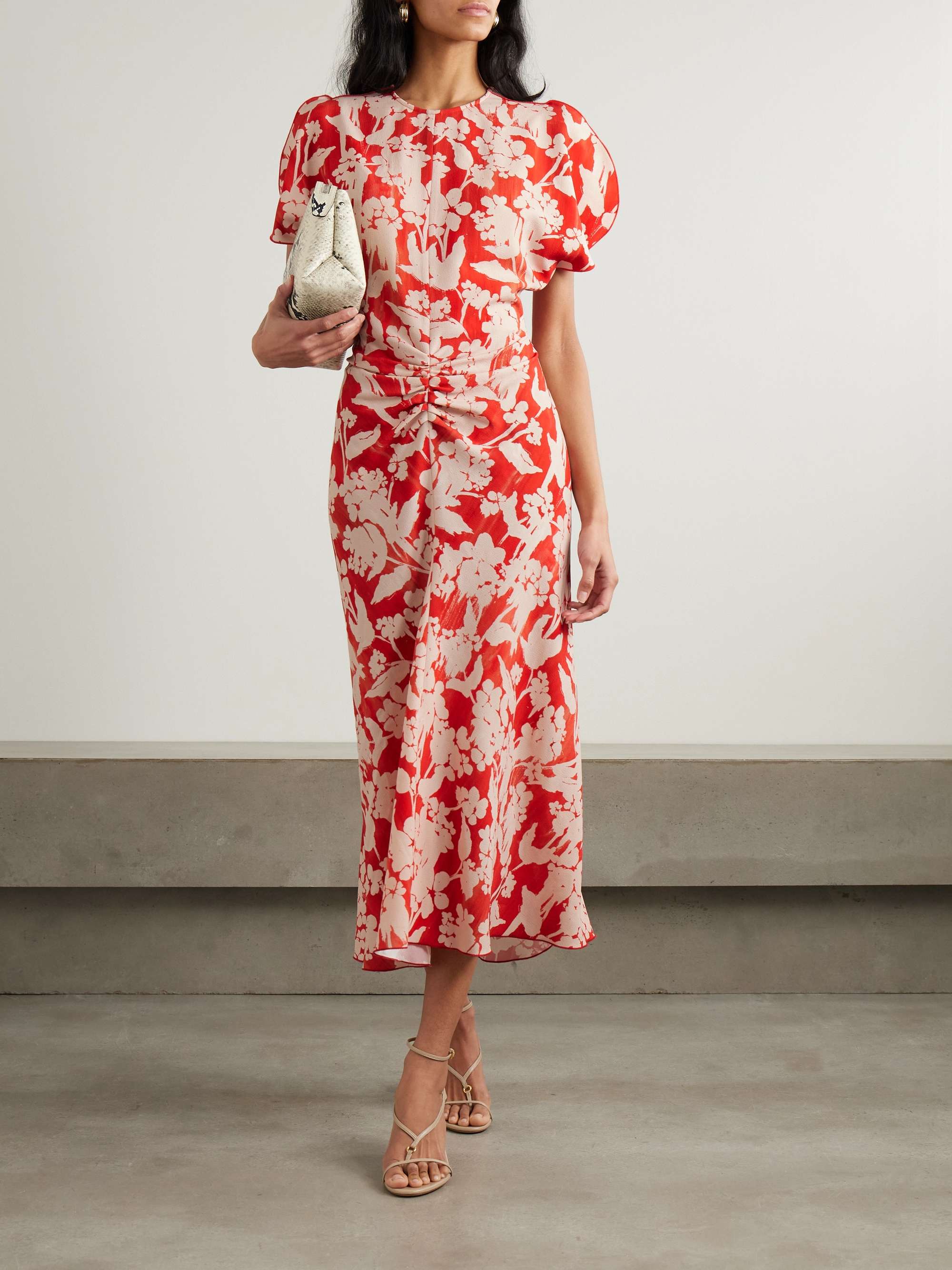 Gathered floral-print crepe midi dress view