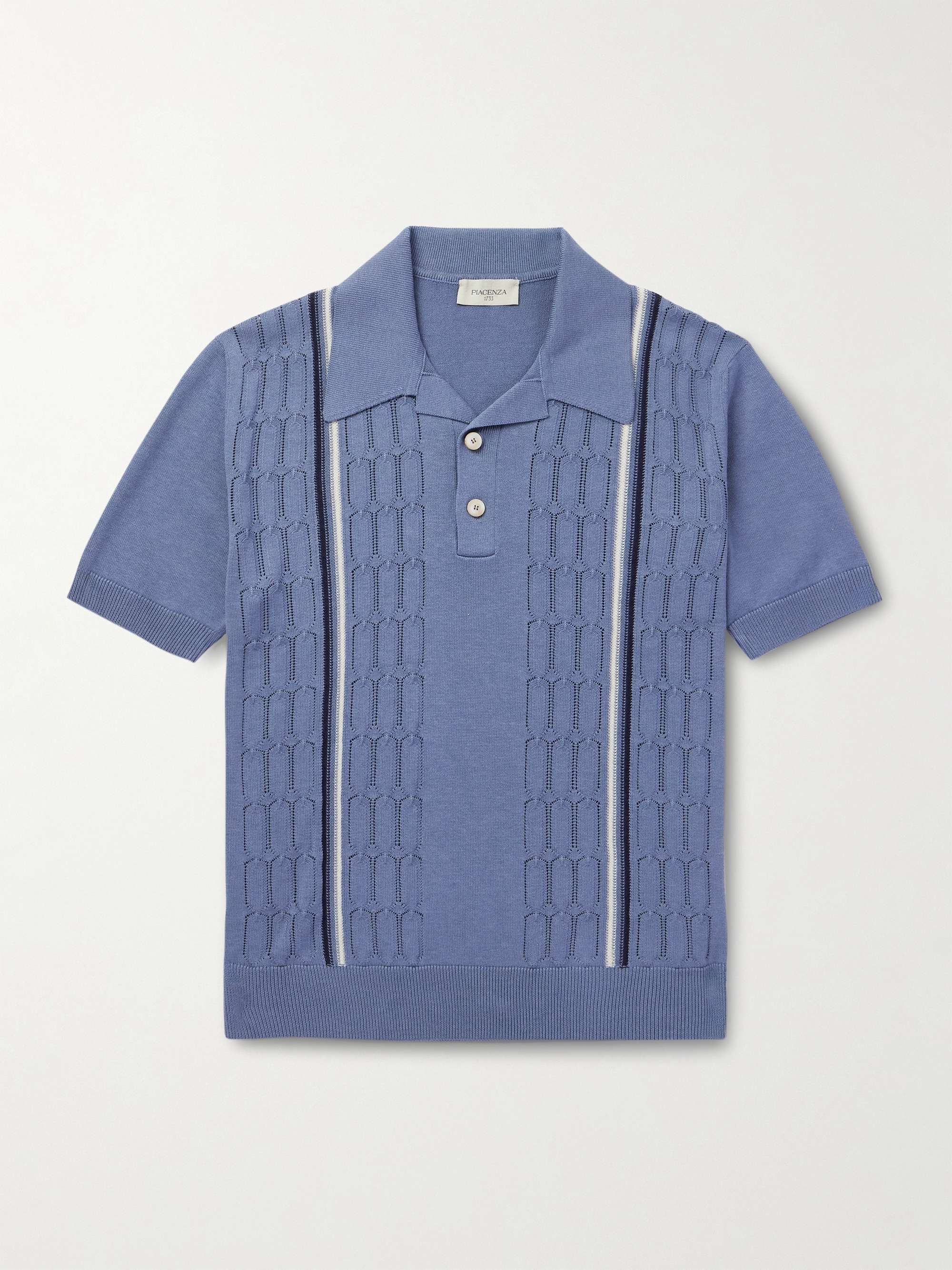 Slim-Fit Striped Pointelle-Knit Silk and Cotton-Blend Polo Shirt view