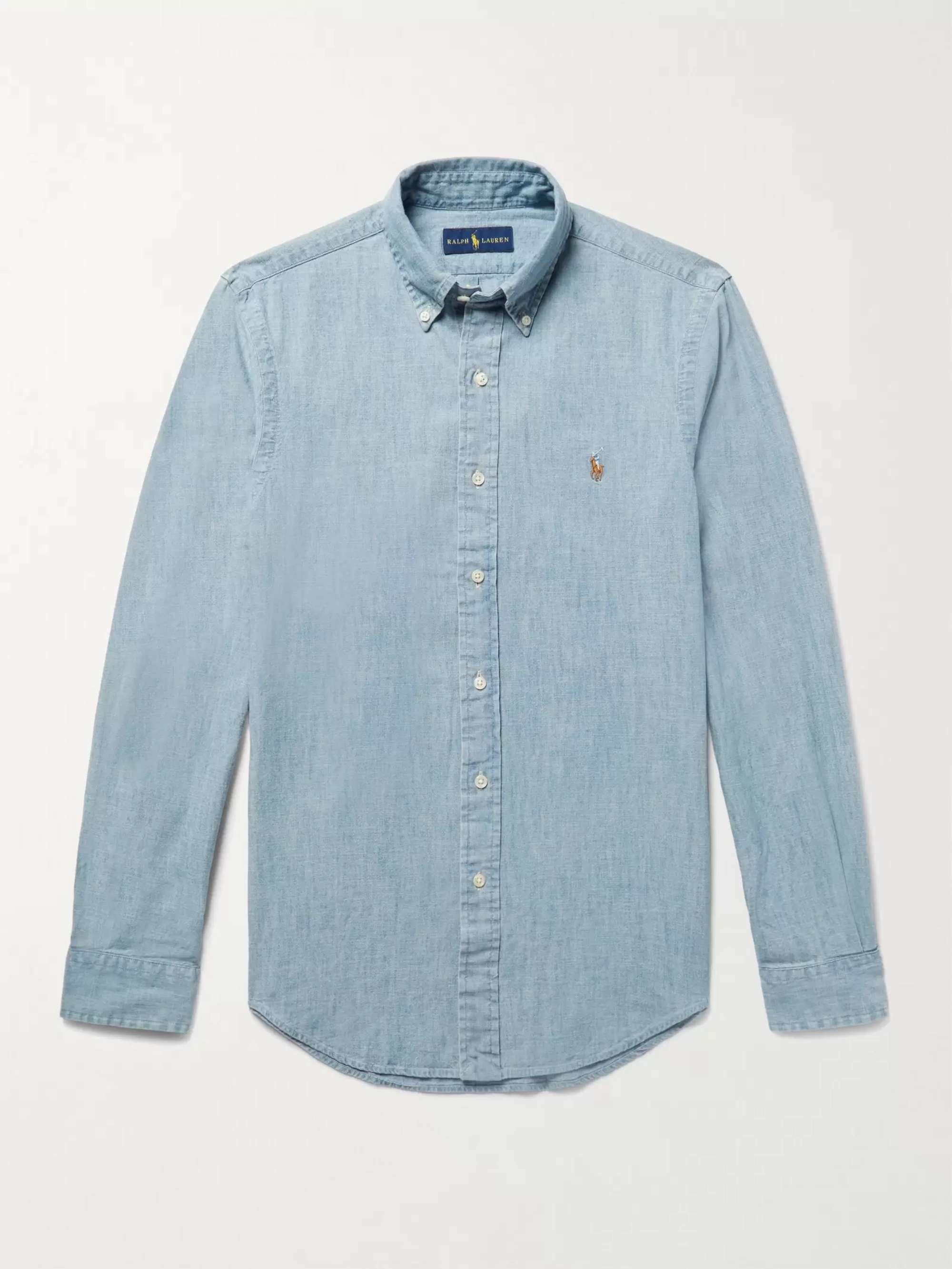 Slim-Fit Washed Cotton-Chambray Shirt view