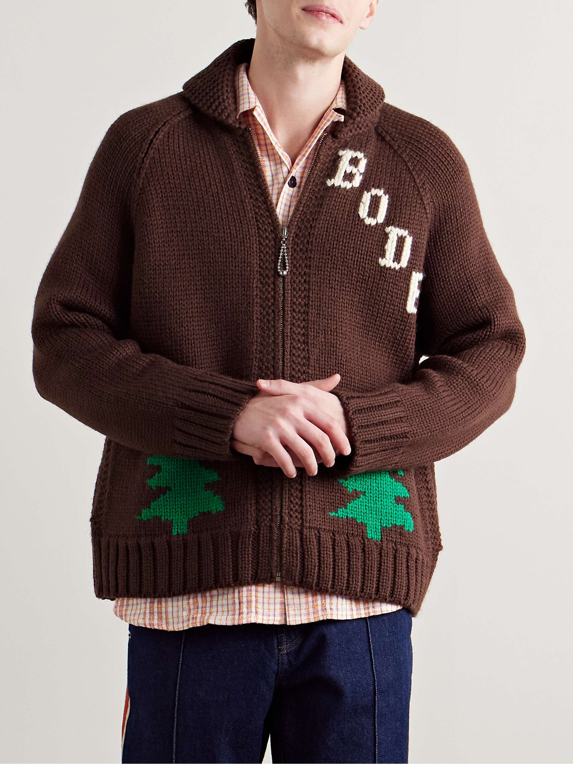 Fir Shawl-Collar Intarsia Wool Zip-Up Cardigan view